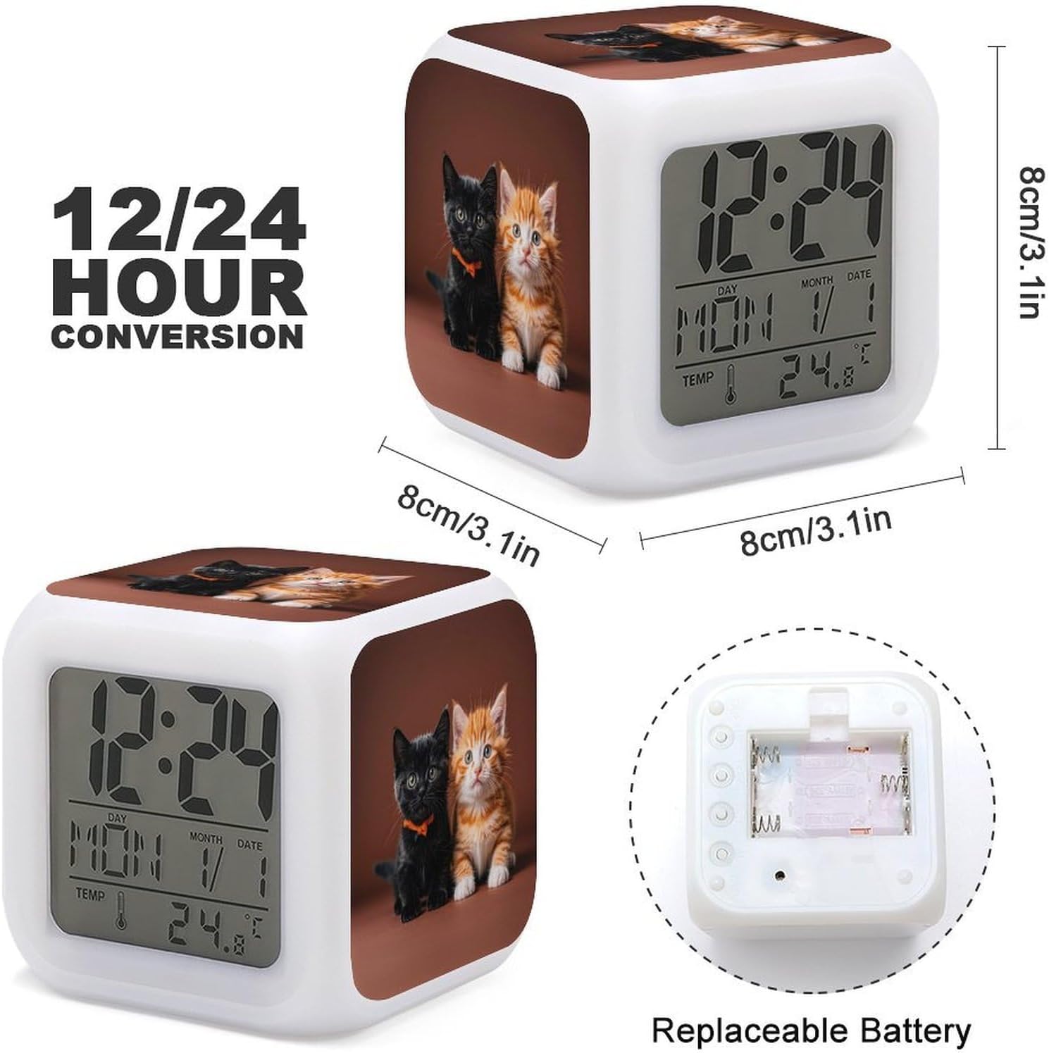 7‑Color Changing Alarm Clock, Cute Black Orange Cat image 3