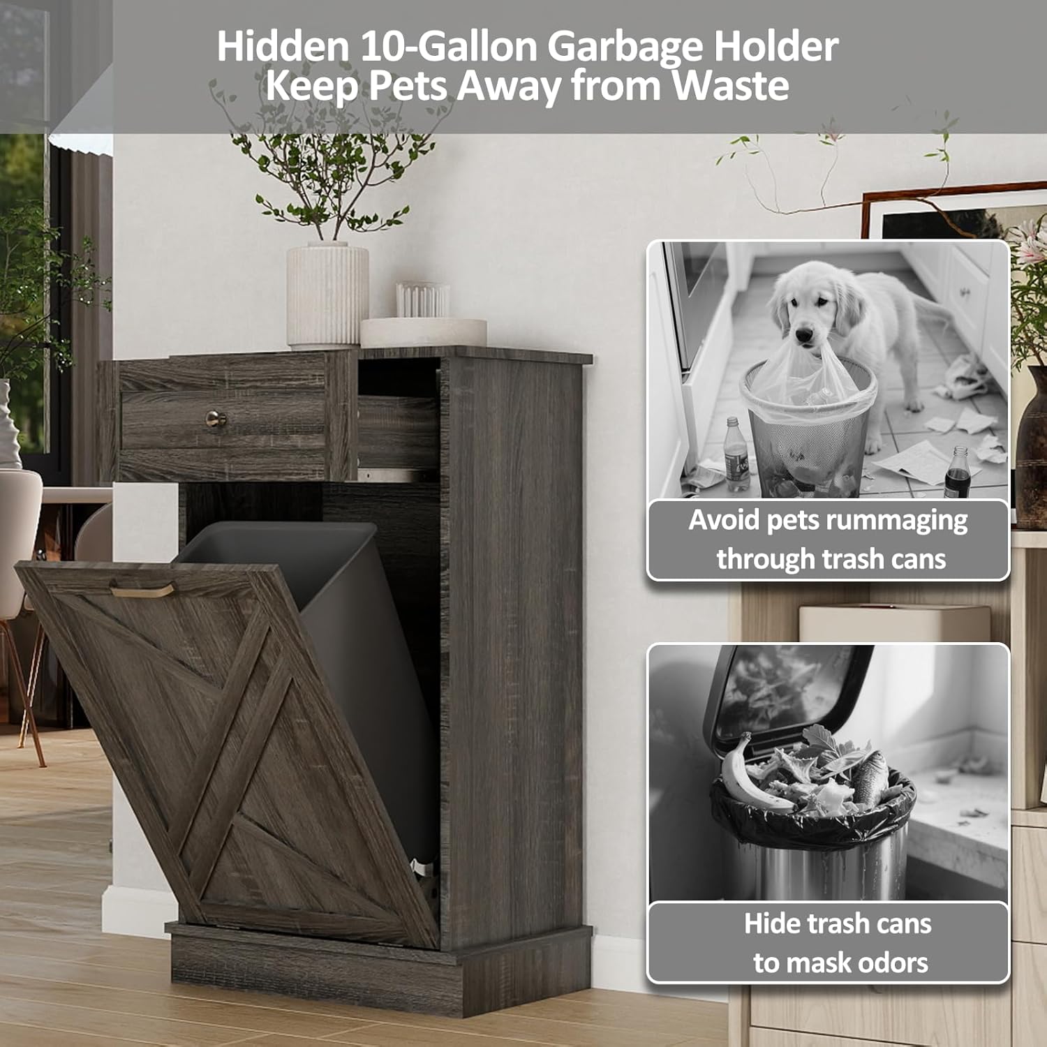 tilt out trash cabinet-free standing kitchen waste bin-wooden recycling trash cabinet with drawer-oak grey