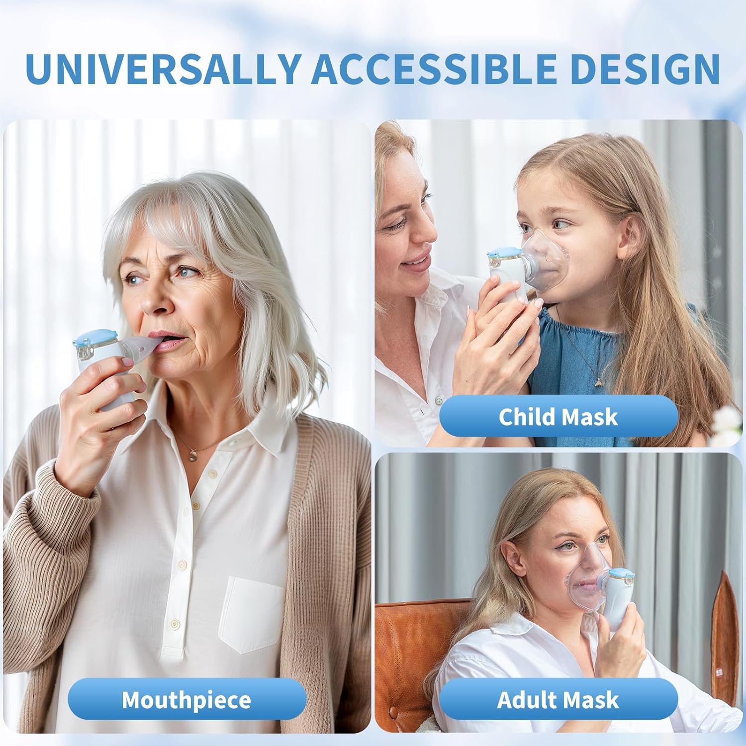 The FEELLIFE nebulizer shown with different accessories: mouthpiece, child mask, and adult mask, demonstrating universal accessibility for various users.
