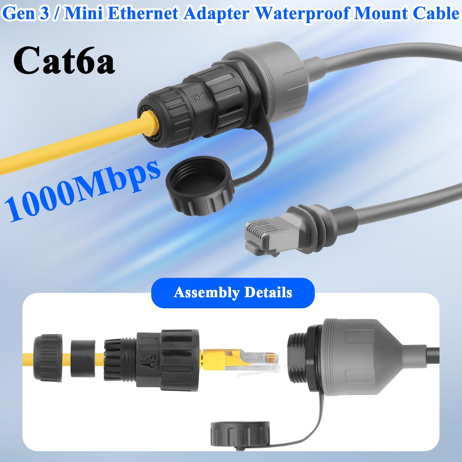 QIANRENON V3 adapter Ethernet wodoodporny kabel montażowy do Starlink Gen 3 / Mini zewnętrzne wodoodporne złącze standardowe wtyczka V3 na gniazdo RJ45 konwerter sieciowy Cat6a 1000 Mbps, 0,5 m