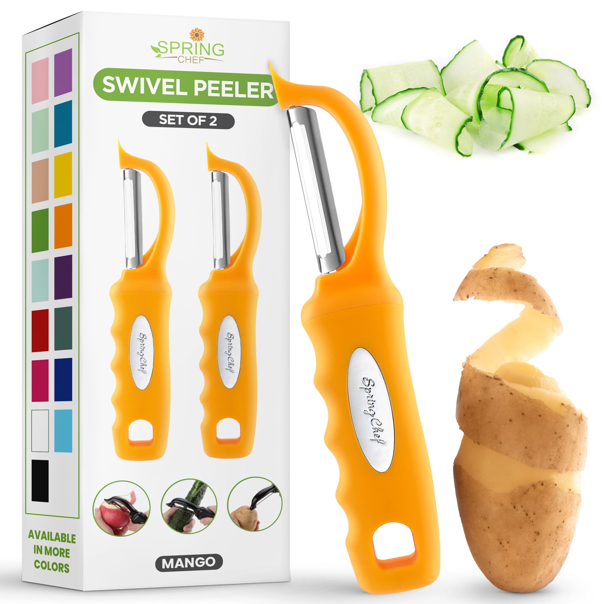Spring Chef Premium Stainless Steel Swivel Potato Peelers for Kitchen, Metal Vegetable Peelers with Comfortable Handle for Apple, Cucumber, Veggie, Fruit, Carrot, Dishwasher Safe - Set of 2 - Mango