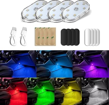 4PCS 7 Colors Magnetic Car Interior Ambient Lights Wireless, Mini USB C Rechargeable Car Led Lights Interior with 6 Bright Led Lamp Beads, Universal Car Interior Accessories for Car Decor