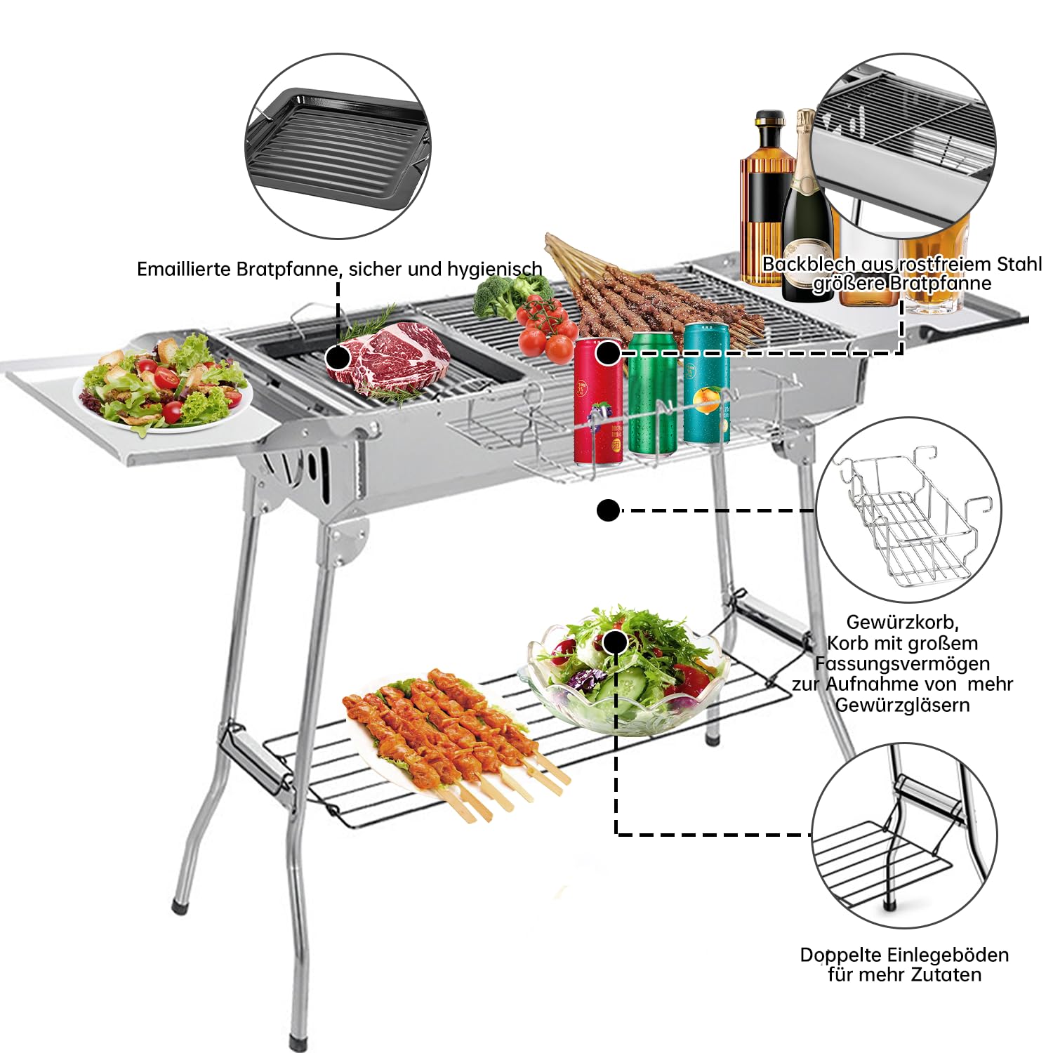 Barbecue à charbon de bois en acier inoxydable Rôtissoire pliable Barbecue portable pour camping, randonnée, pique-nique, cuisson en plein air, avec double couche, gril pliant