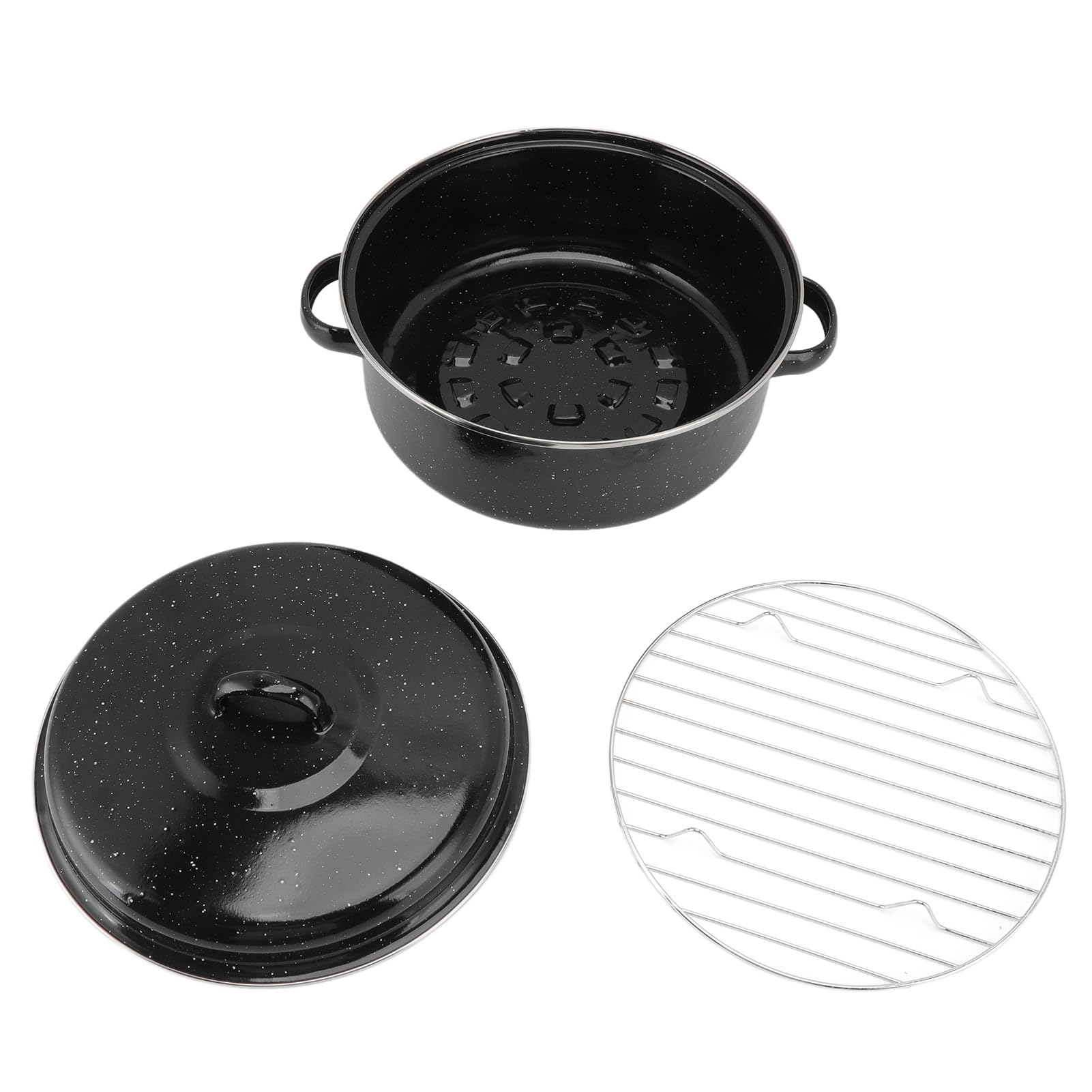 Sartén para asar con acabado moteado negro antiadherente para barbacoa, sartén con tapa para patatas dulces asadas, castañas, material esmaltado (26 cm, cubierta de hierro)