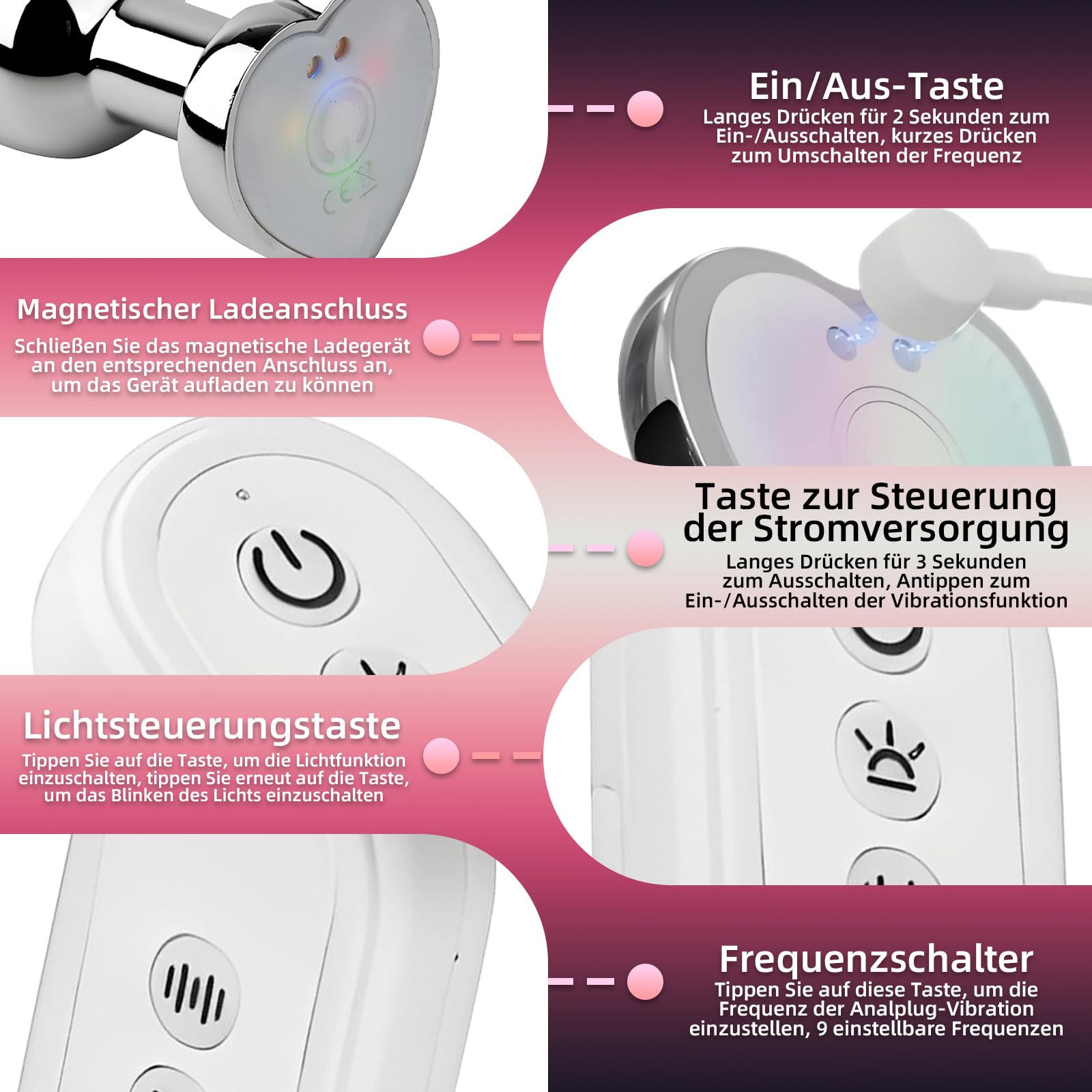 AMAZBEE Plug anale vibrante Vibratore Butt Plug per donne uomini Hearted Light Up Massaggiatore della prostata con telecomando Giocattoli sessuali elettrici in acciaio inox (S)