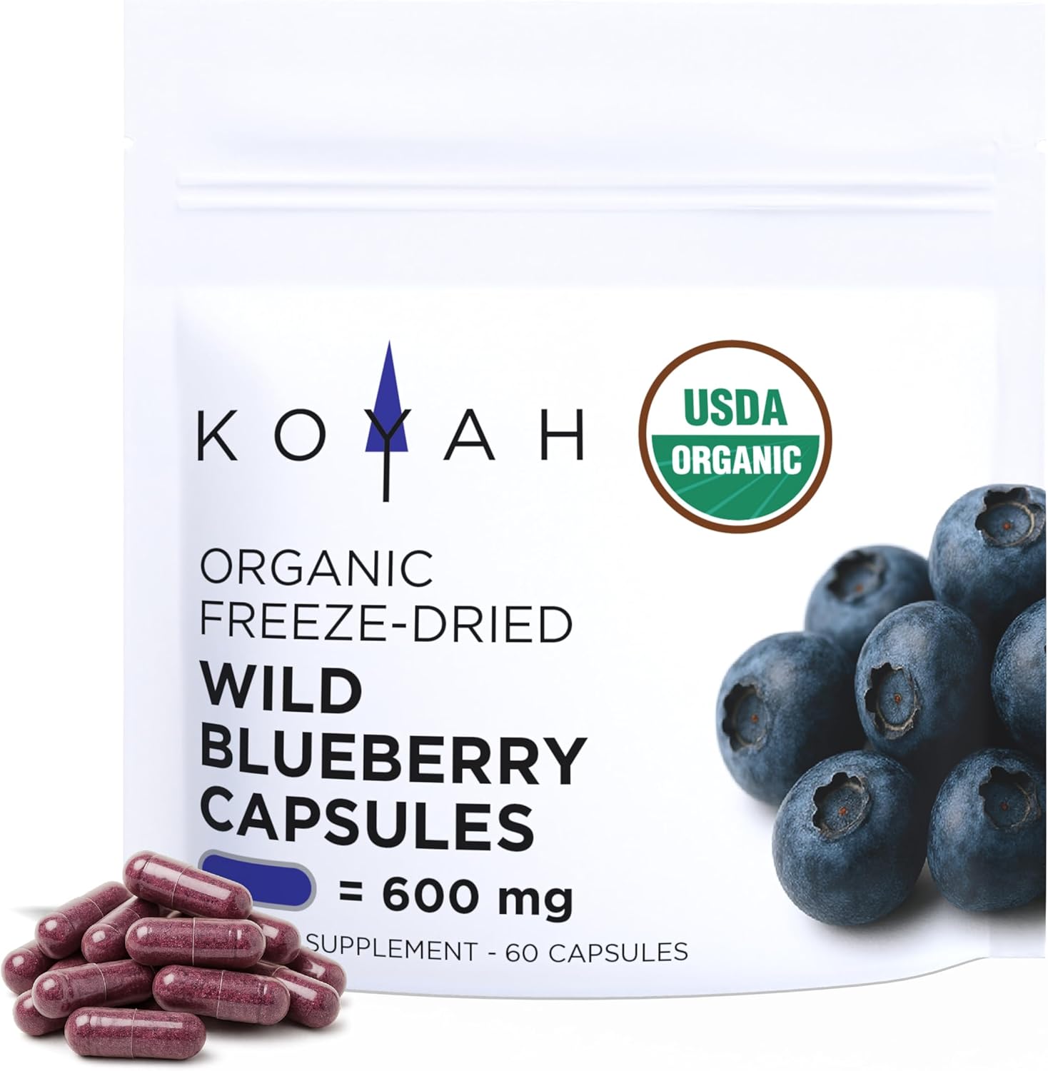 KOYAH - Organic Wild Blueberry Capsules – Freeze-Dried Whole Fruit – 600 mg (3,960 mg Fresh) – Lowbush Variety (Vaccinium angustifolium) - Cognitive Function & Antioxidant Support - 60 Capsules