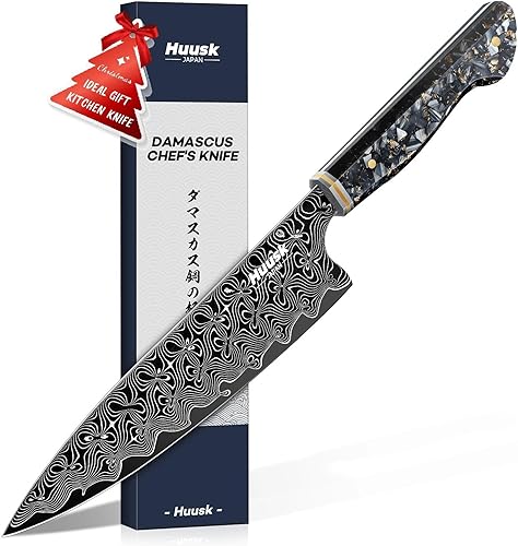Huusk Cuchillo de chef Damasco de 8 pulgadas, cuchillo de cocina japonés súper afilado Damasco VG-10, cuchillos de cocina profesionales con mango