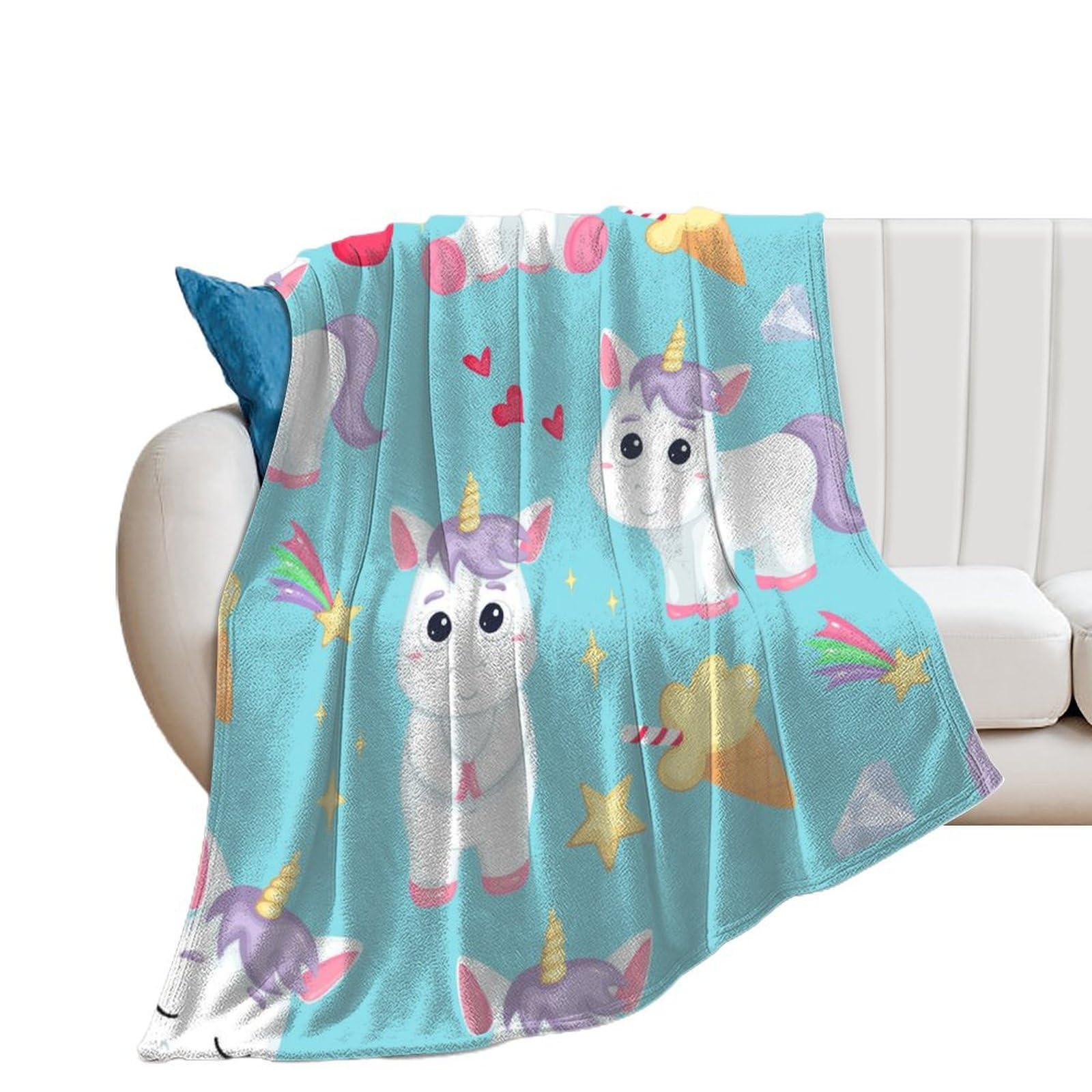 Couverture polaire licorne bleue plaid de lit enfant et jeté de canapé salon 100×130cm
