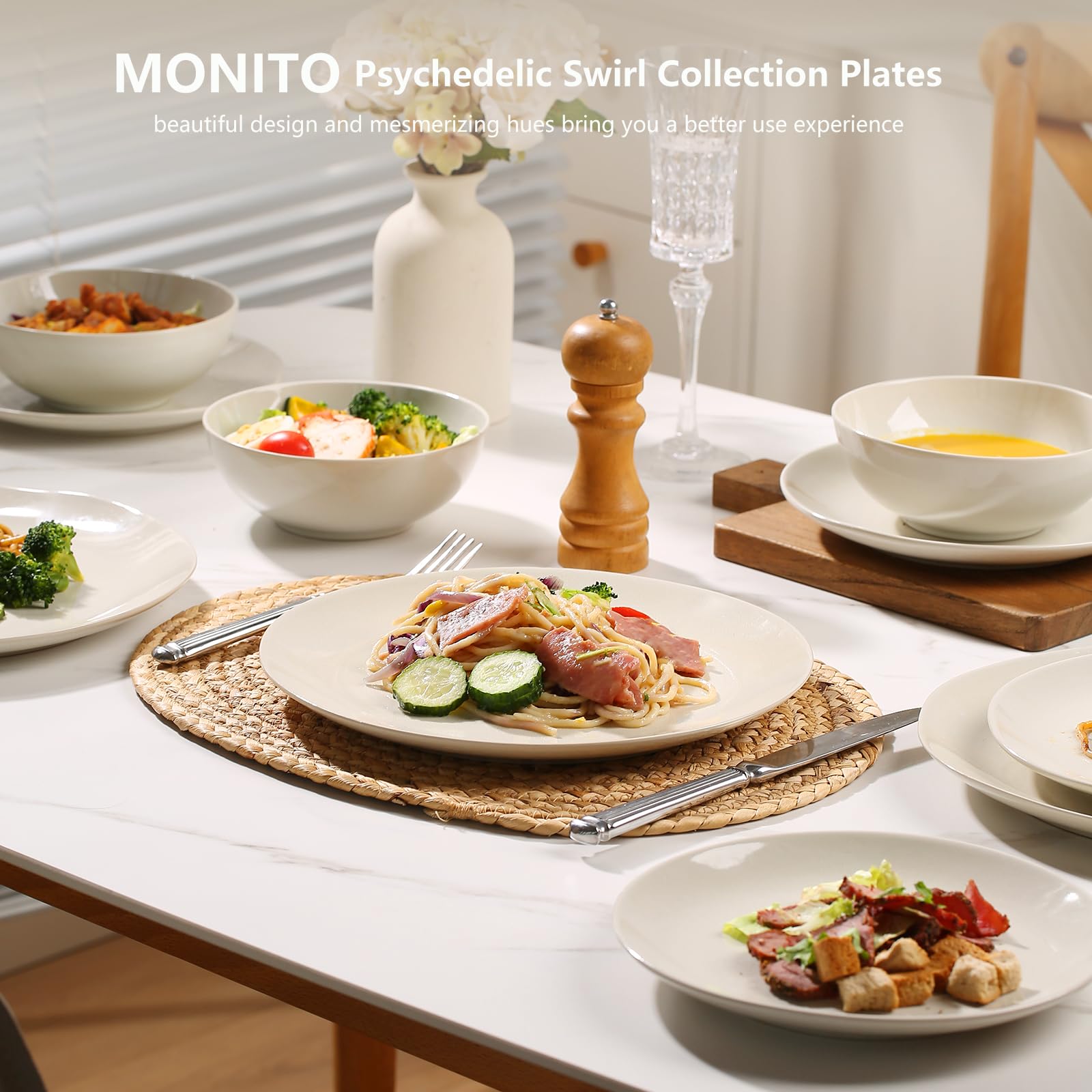 Keramik-Geschirr-Set, 12-teilig, glasiert, cremeweiß, Teller, Nudelschalen, Müslischalen, reaktive Veränderung, Glasur, Geschirrsets, modernes Steingut Küche, Haushalt & Wohnen