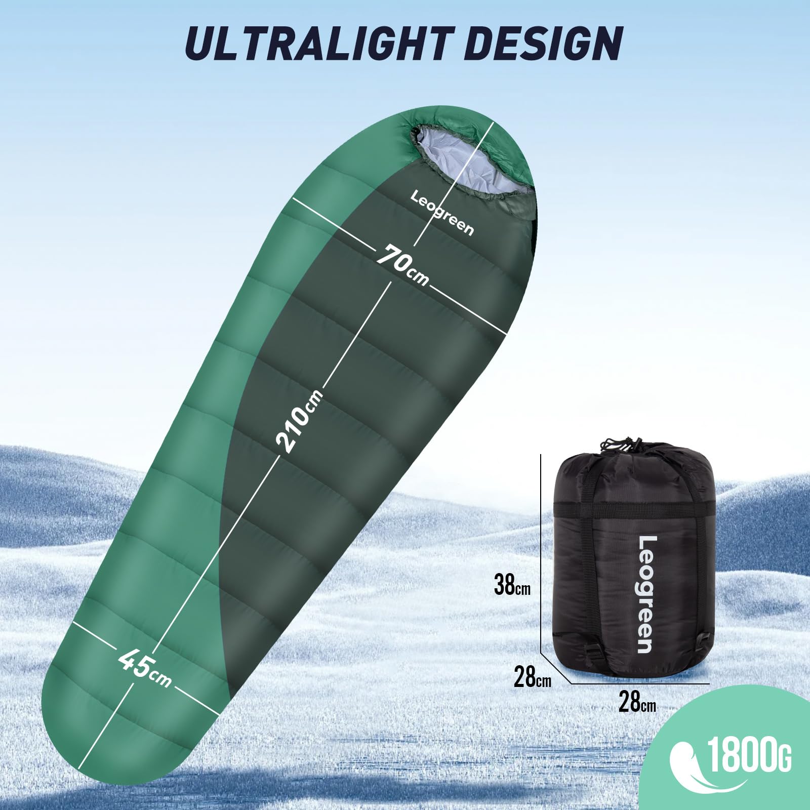 Leogreen Śpiwór dla dorosłych, śpiwór puchowy, -15℃~5℃ na 3-4 pory roku, 300GSM, 1800g, na kemping, wędrówki i wspinaczkę górską, 210x80x35cm