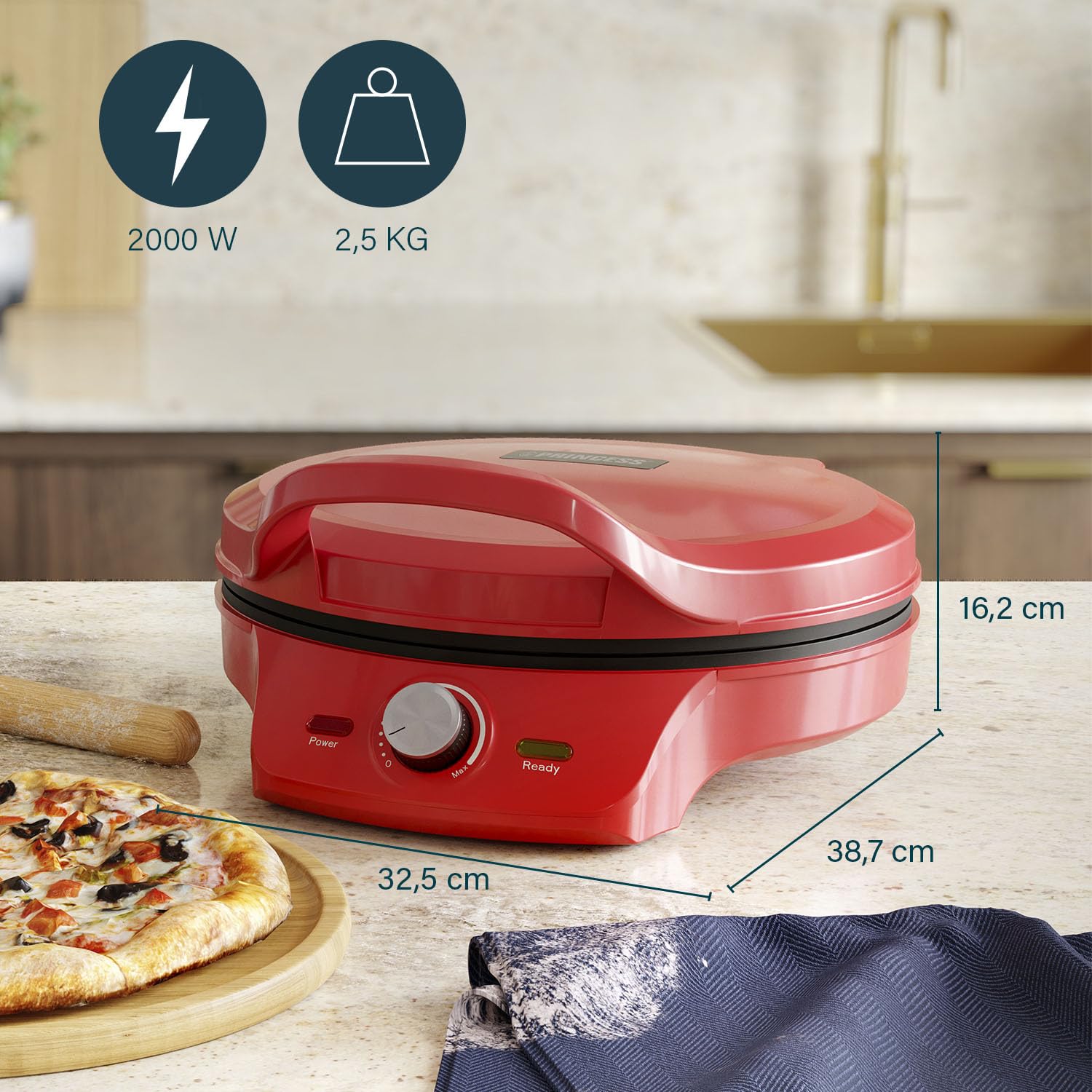 Princess Pizza Maker - Ø 32 cm - Thermostat réglable - Multifonctionnel - Fonction gril incluse - jusqu'à 200°C - 115007