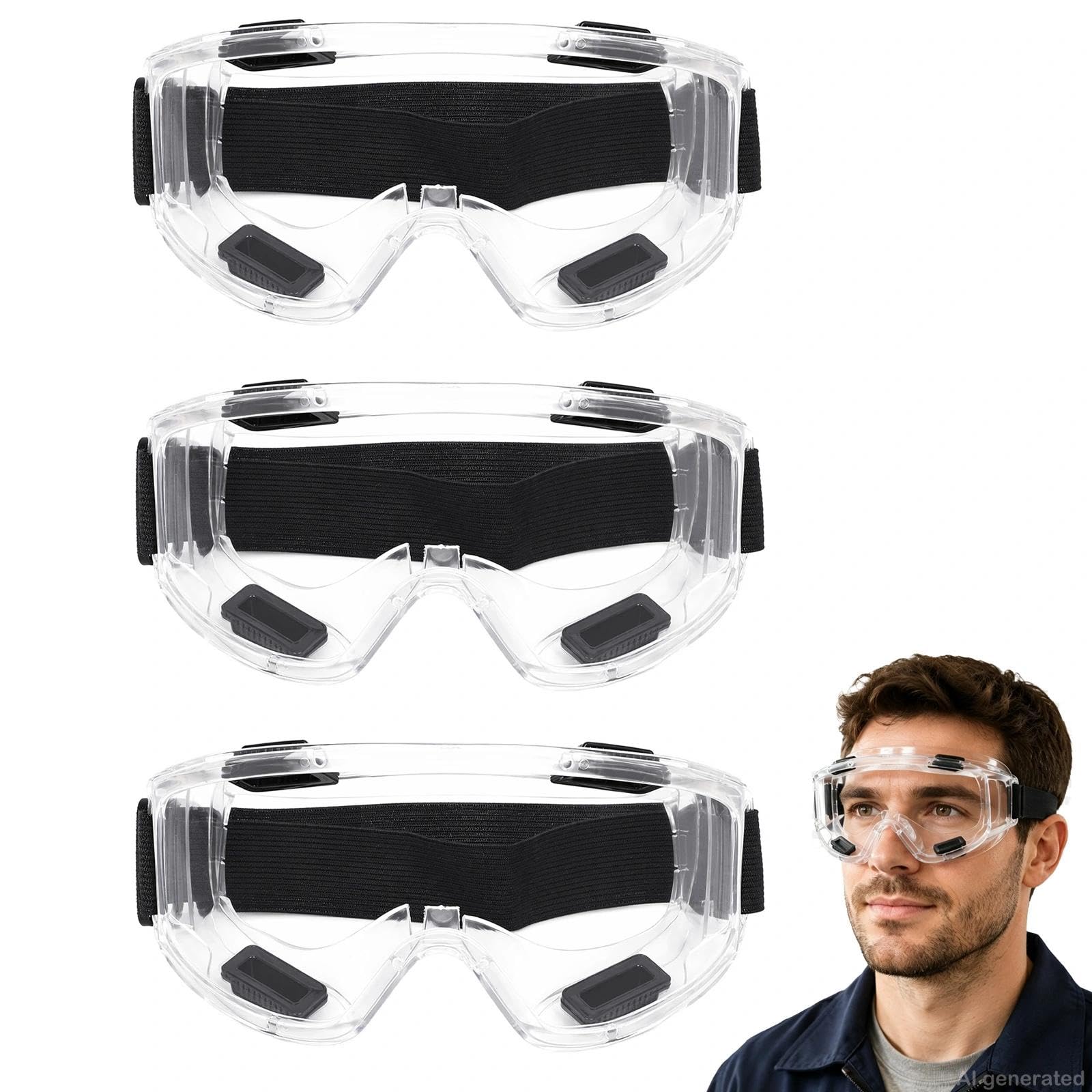 JIUCHAOTONG 3-Pack Anti-Fog Safety Goggles, Adjustable Vented Protective Eyewear, Over Glasses Eye Protection Goggles For DIY Woodworking, Sanding And Dust Work