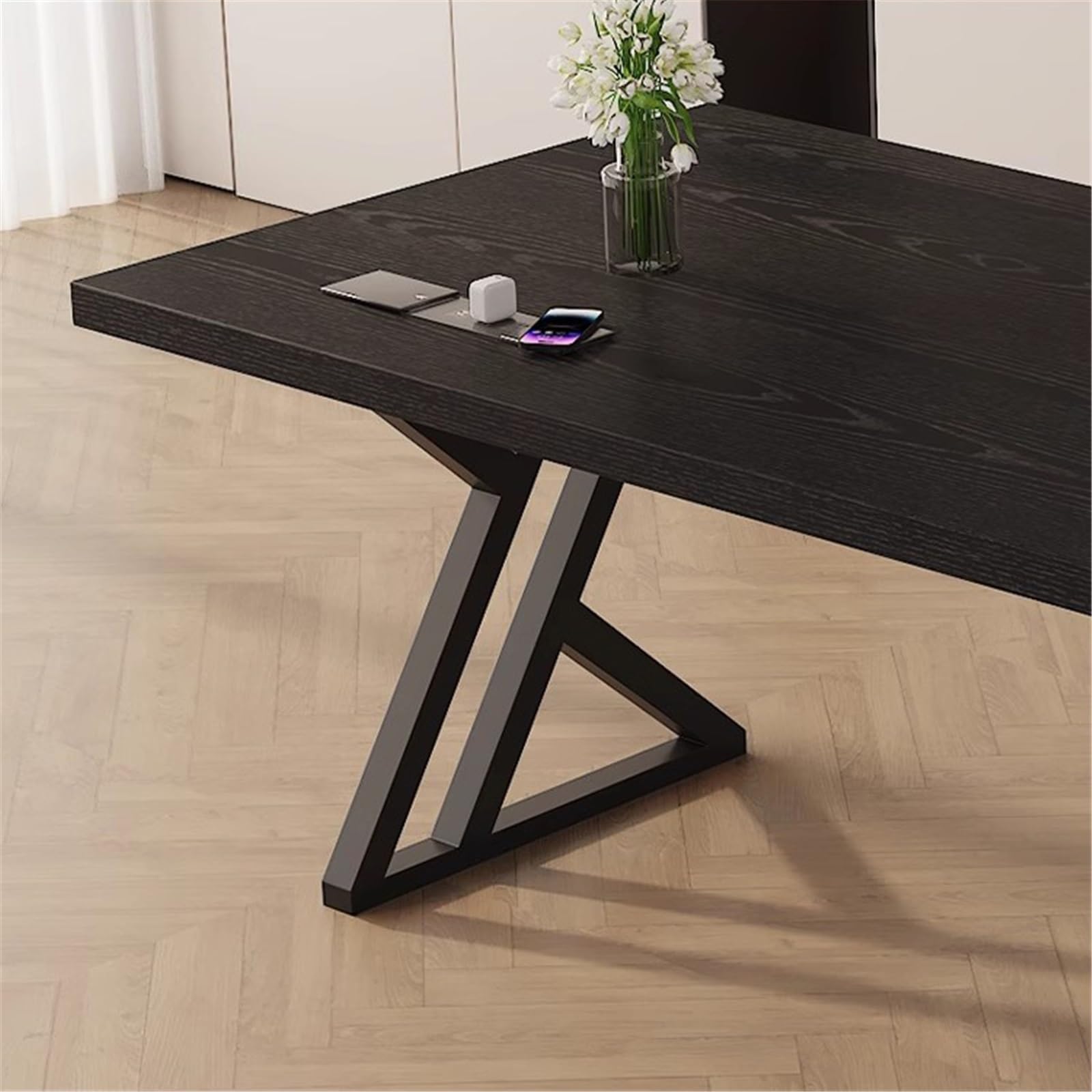 Escritorio para computadora Escritorio Rectangular Moderno Oficina casa, Madera Maciza Negra Estudio Escritura, Espacioso Escritorio computadora portátil con Tomas de Carga Escritorio de Oficina(S)