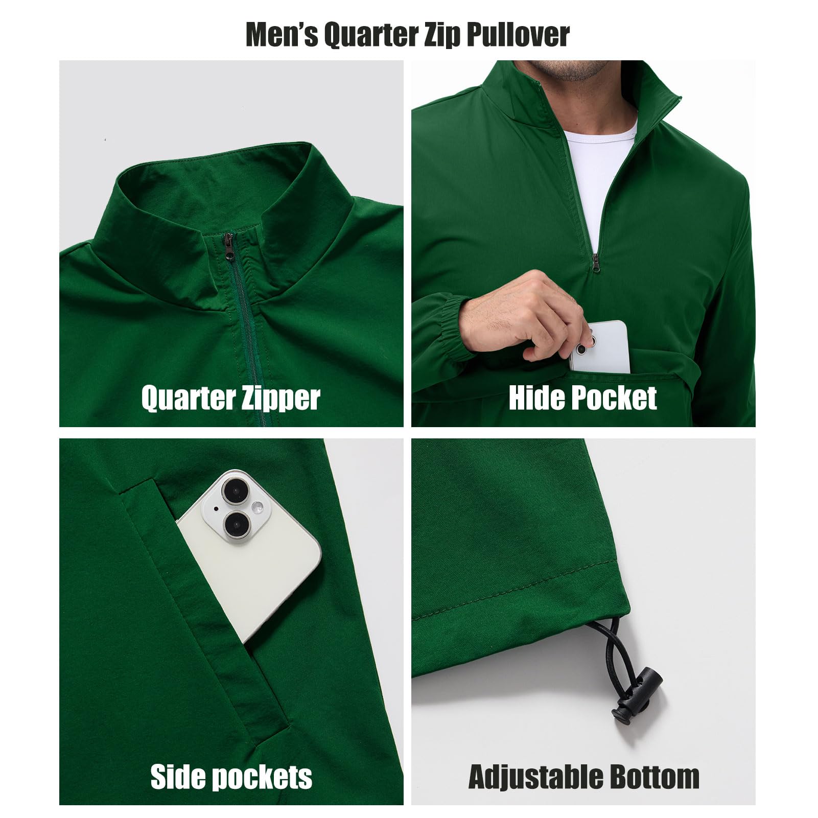 EDITCOZY Chaqueta cortavientos ligera con cremallera de un cuarto para hombre, para correr, golf, con 3 bolsillos