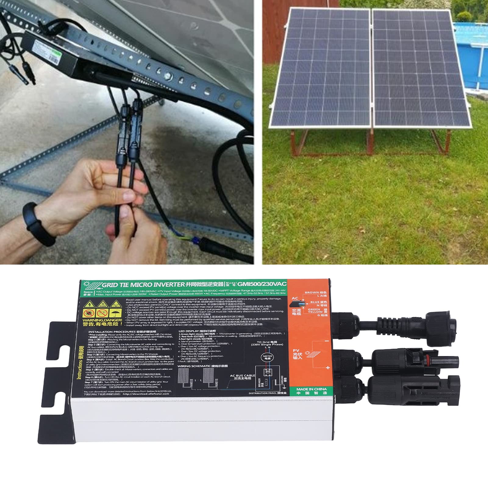 MicroInverter Solare, AC230V 92% Alta Efficienza di Conversione Inverter Compatto Sincronizzato MPPT Grid Tie per Sistemi Energetici (500W)