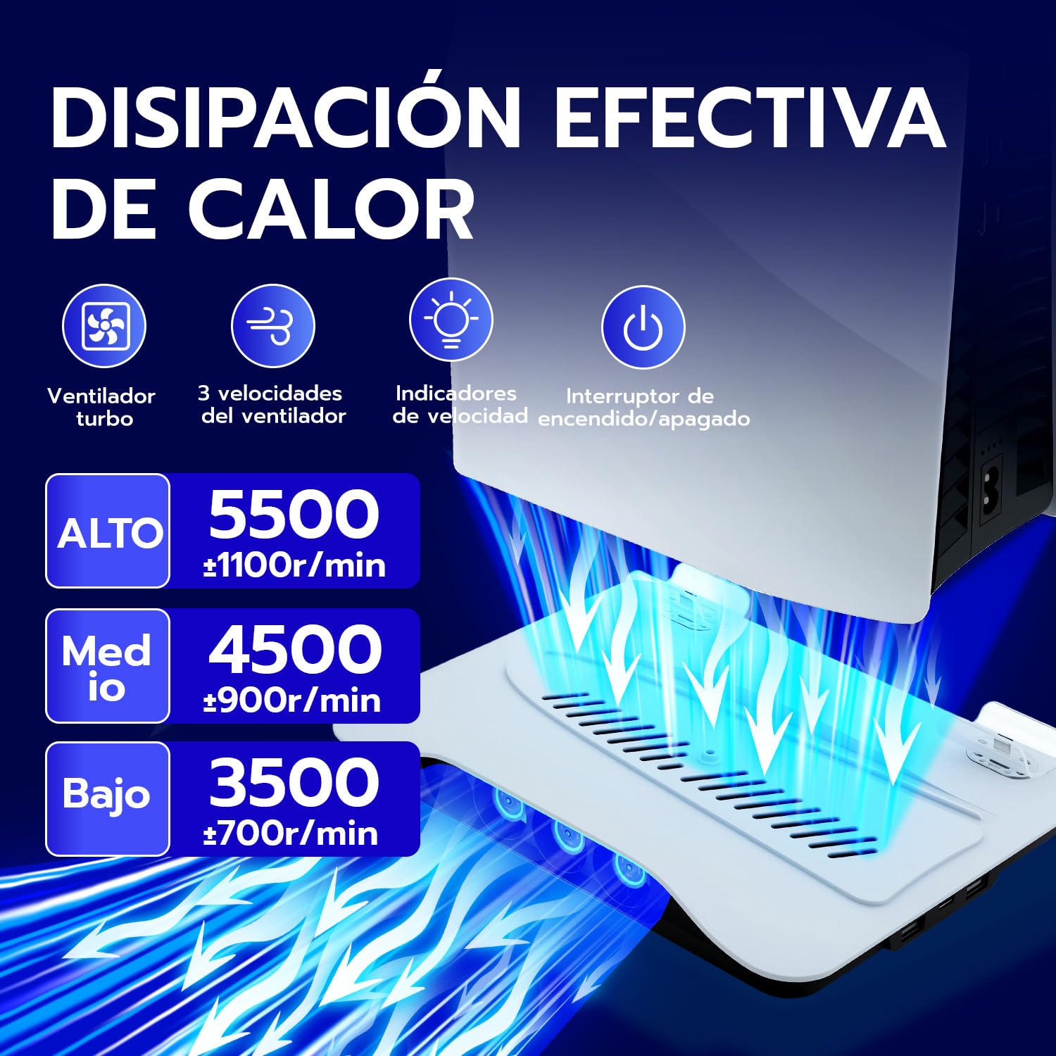 Wigearss Soporte Vertical para PS5/PS5 Slim/PS5 Pro con Ventiladores de Refrigeración, Carga para 2 Mandos, Iluminación LED y Ventilador de Enfriamiento Ajustable en 3 Niveles