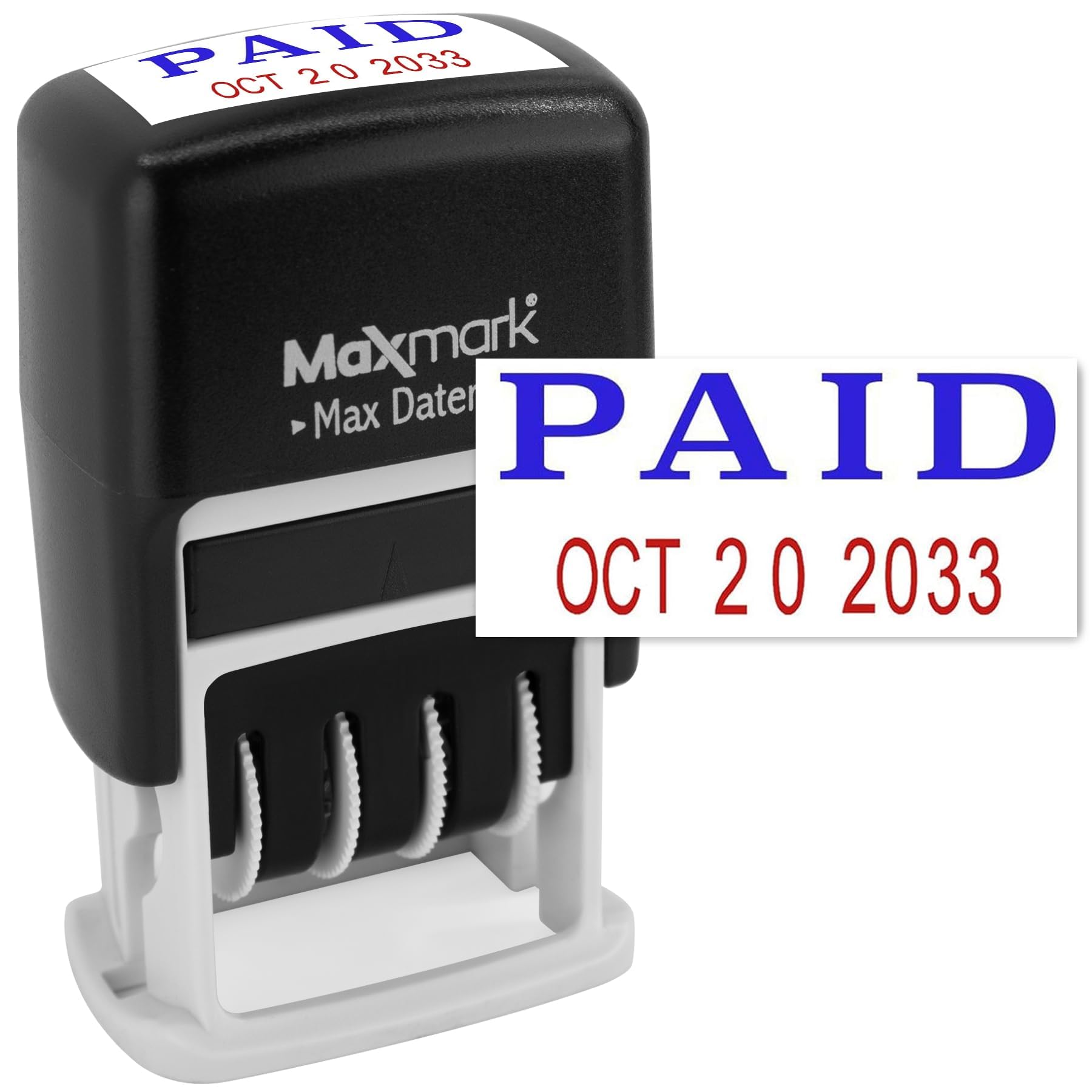 MaxMark Self-Inking Rubber Date Office Stamp with Paid Phrase Blue Ink & Date RED Ink (Max Dater II), 12-Year Band