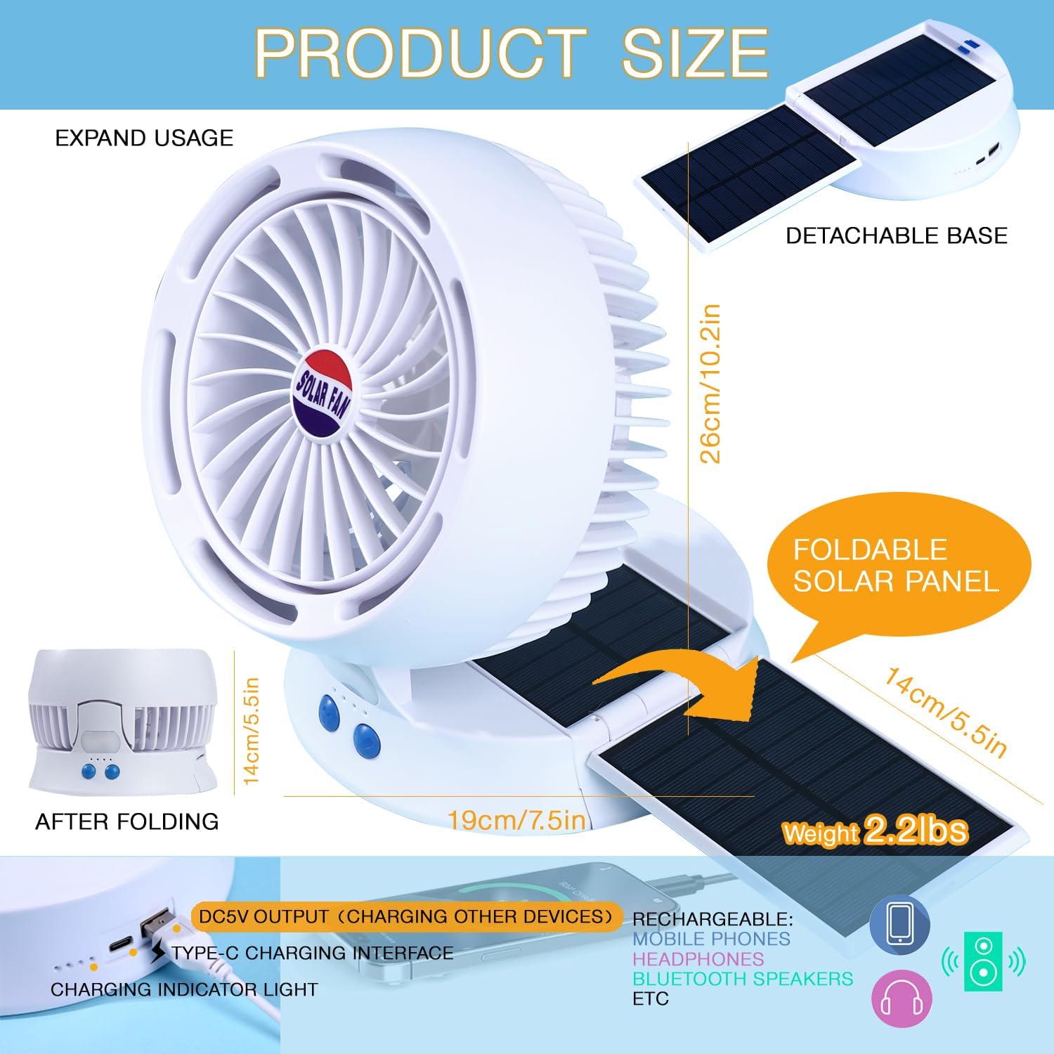 Rechargeable Camping Fan with Light - Solar Powered, USB/Battery Operated with Remote, 10400mAh, 4-Speed Adjustable, LED Lantern, Suitable for home and outdoor use.