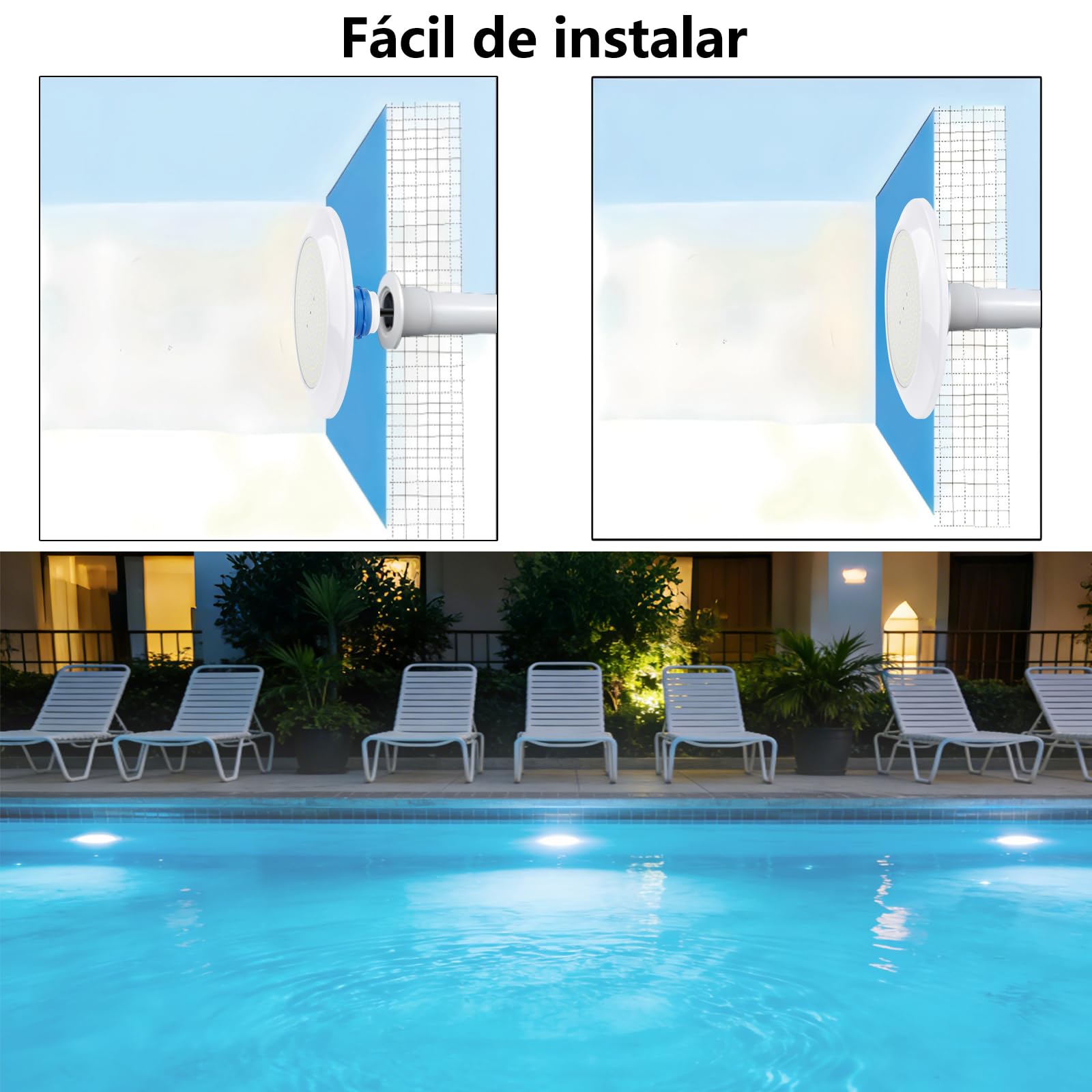 Illuminazione LED per Piscina, Faretti Bianco Freddo 25W con Filettatura Esterna da 1-1/2 Pollici, IP68 12V AC Lampada Subacquea per Piscine in Calcestruzzo/Piscine in Polistirene