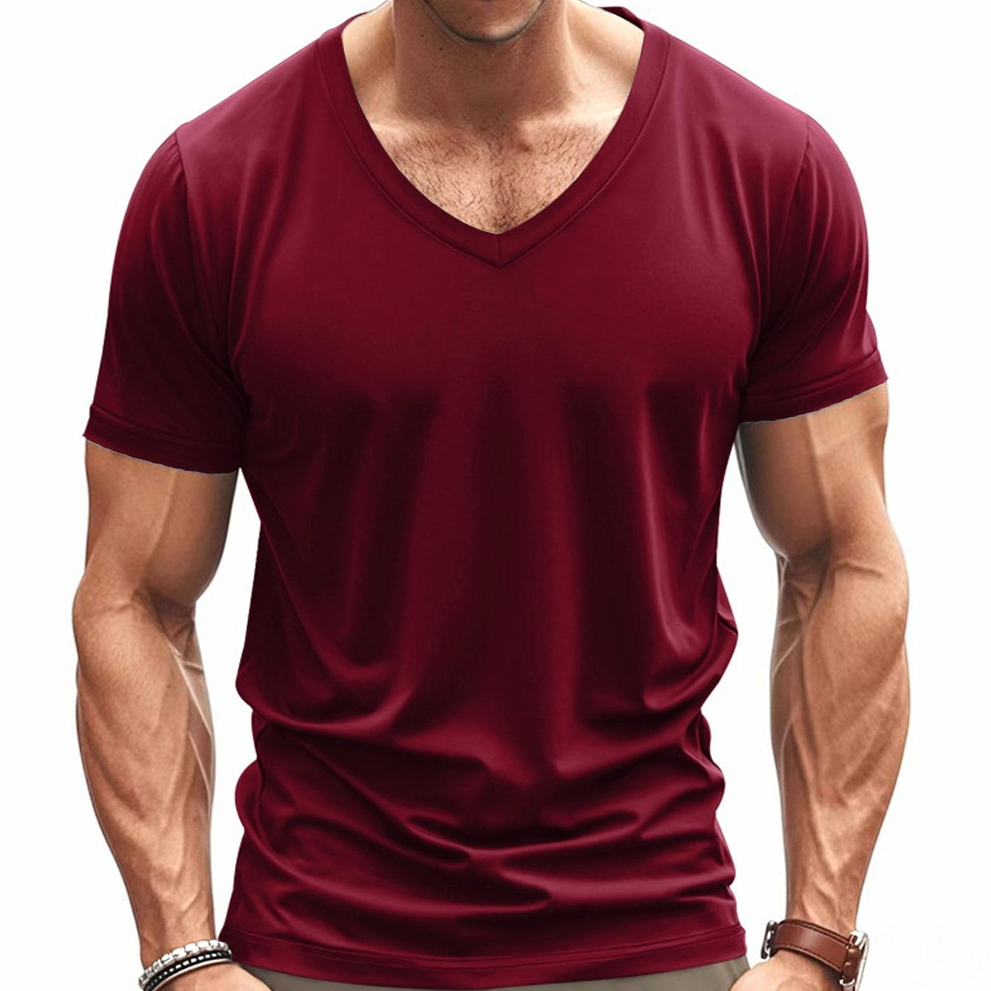 Men Trendy V-Neck Quick-Drying Shirt Breathable Casual Sports Pullover Top Summer Personality Short-Sleeved T-Shirt (Wine Red,X-Large)
