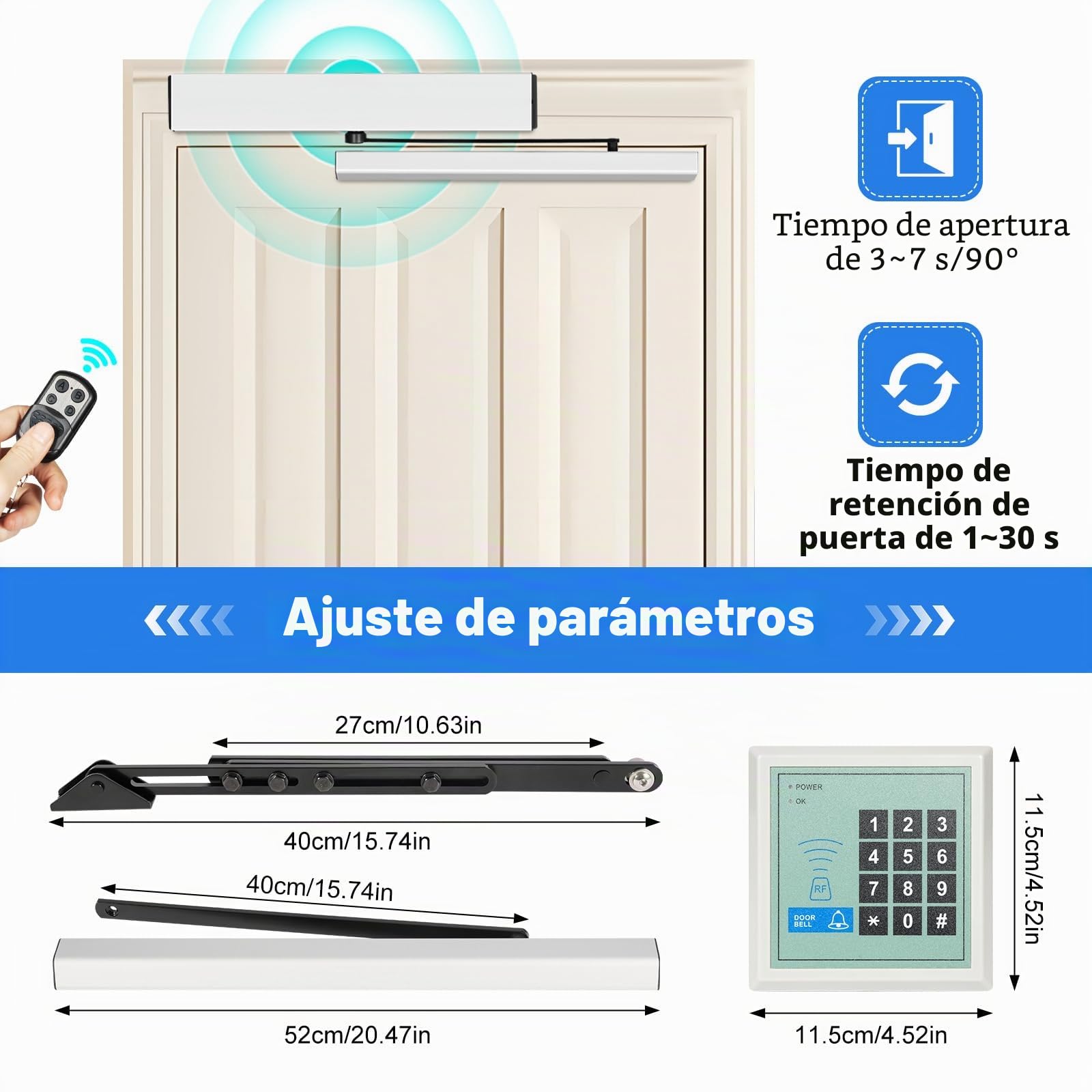 Motor Automático De Puerta Oscilante Con Mando A Distancia, Accionamiento Eléctrico Para Puertas De Madera Y Aluminio, Modo Manual/Automático, Color Plateado Y Negro