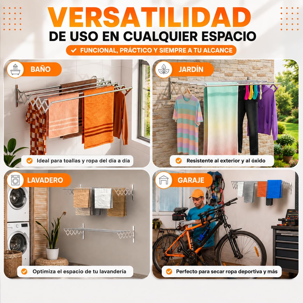 TEHORNEO Tendedero Extensible Pared 140 cm, Tendedero Pared Acero Inoxidable, Tendederos Plegables de Pared, Tendedero Retractil, Tendal Extensible para Interior y Exterior, 30 kg Capacidad (140 cm)