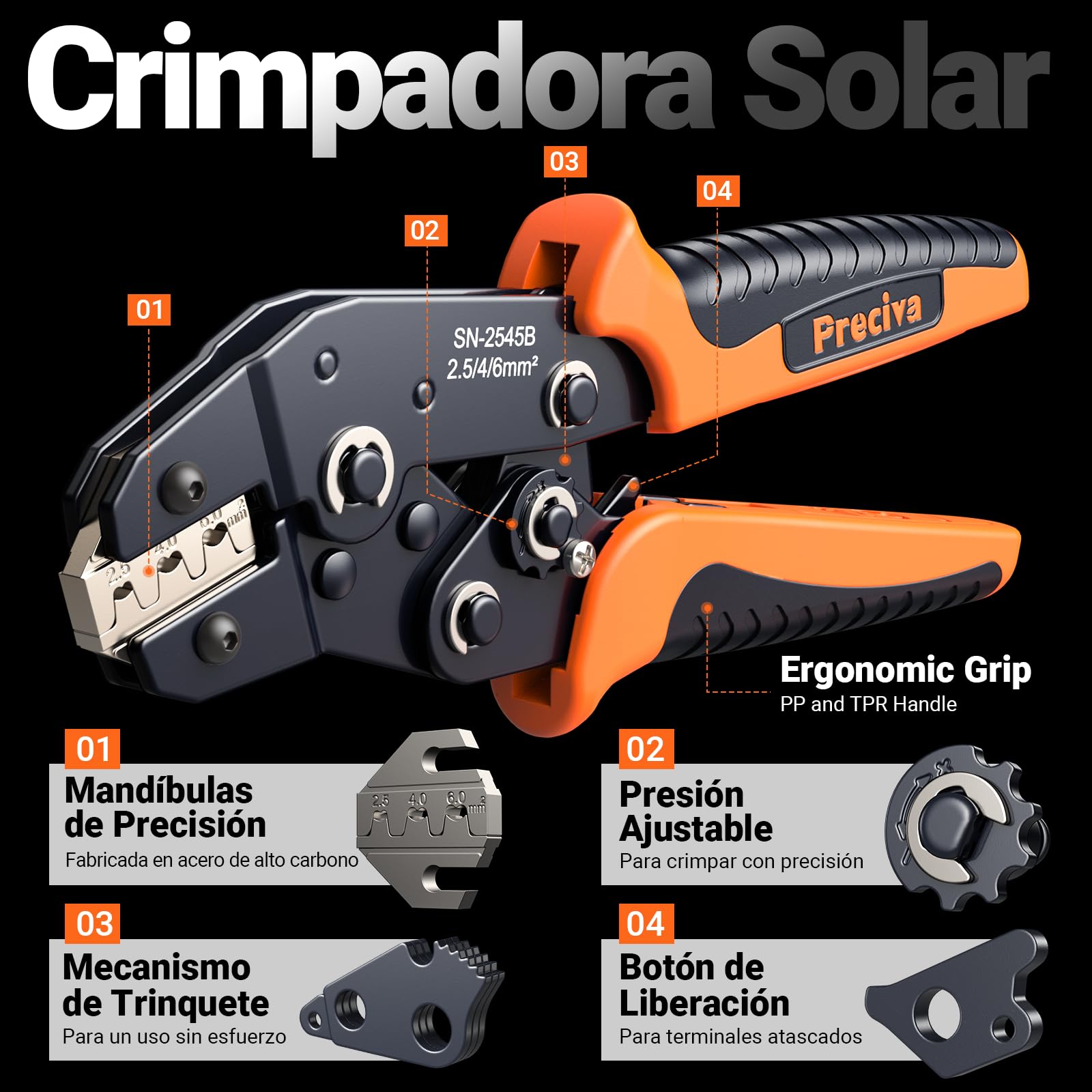 Preciva Kit Crimpadora MC4 2,5-6 mm² AWG16-10 Terminales Solares Conectores Fotovoltaicos Impermeable 2 Llaves Maletín