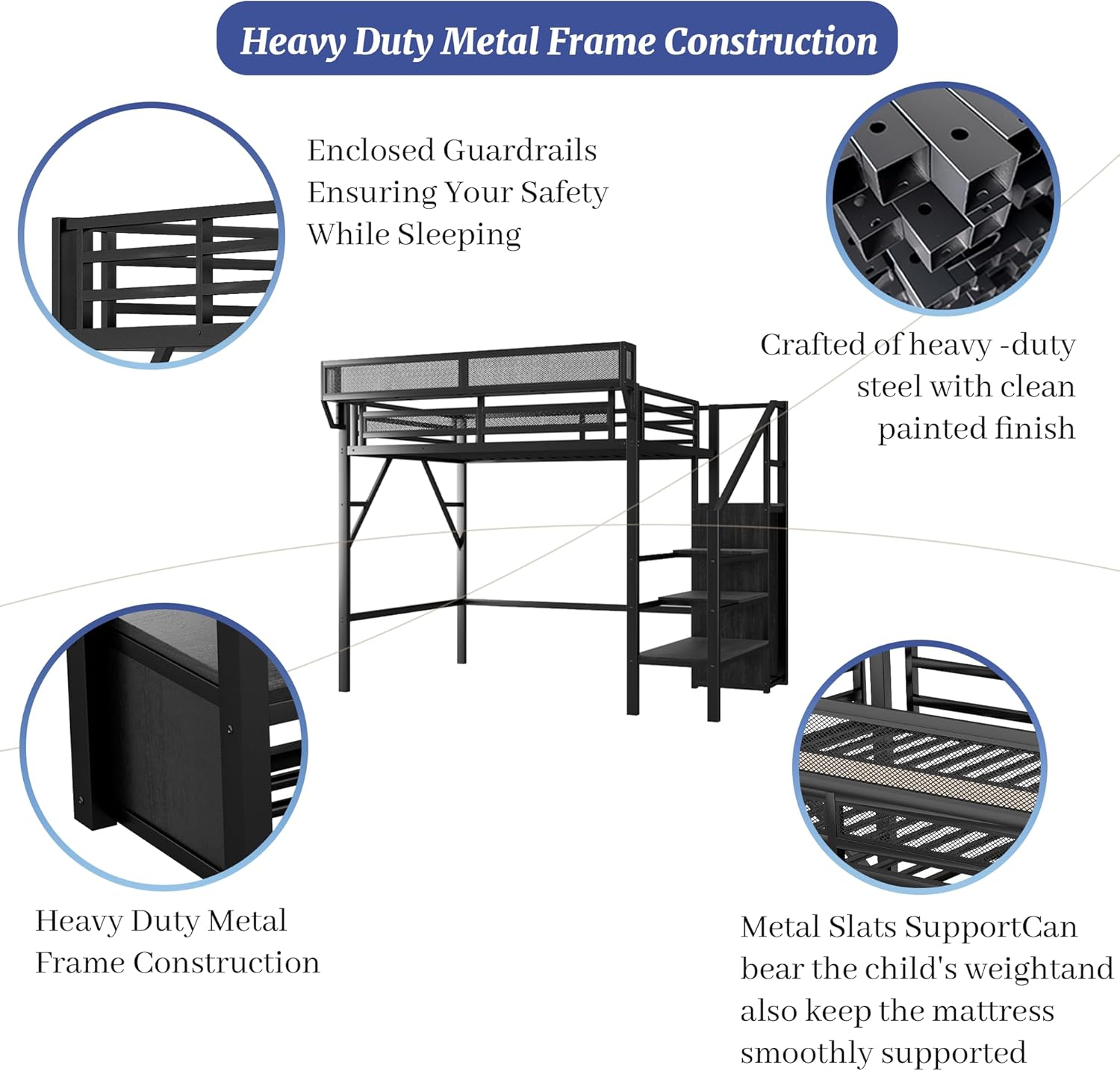Twin XL Loft Bed with Storage Stairs & Wardrobe, Twin XL Loft Bed Frame with Upper Mesh Storage Shelf & Large Under-Bed Space, Heavy-Duty Kids Beds Frame for Kids Teens, Black