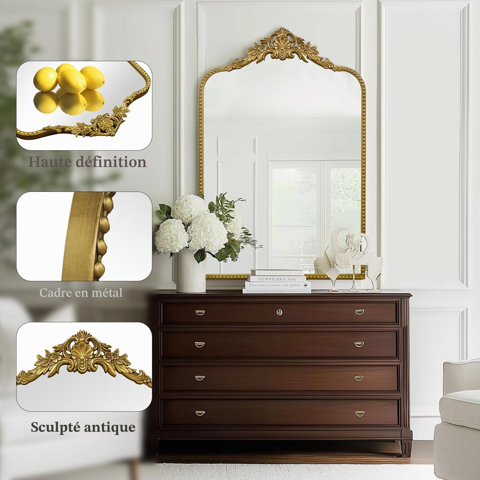 G-Leaf Miroir Baroque Vintage 61 x 91,4 cm, Miroir de cheminée Victorien Antique avec Cadre en métal doré pour cheminée, entrée, Salon, Couloir, Salle de Bain