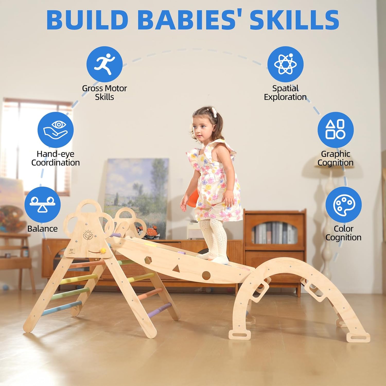 Baby Pikler Triangle Set with Cushion, 9-in-1 Foldable Wooden Climbing Toys for Toddlers, Indoor Montessori Jungle Gym Set for Kids Birthday Gift