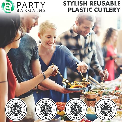 Miniatura 4 de Party Bargains Juego de cubiertos desechables de plástico dorado, utensilios de diseño moderno infinito, paquete de 40 16 tenedores, 8 cuchillos, 16