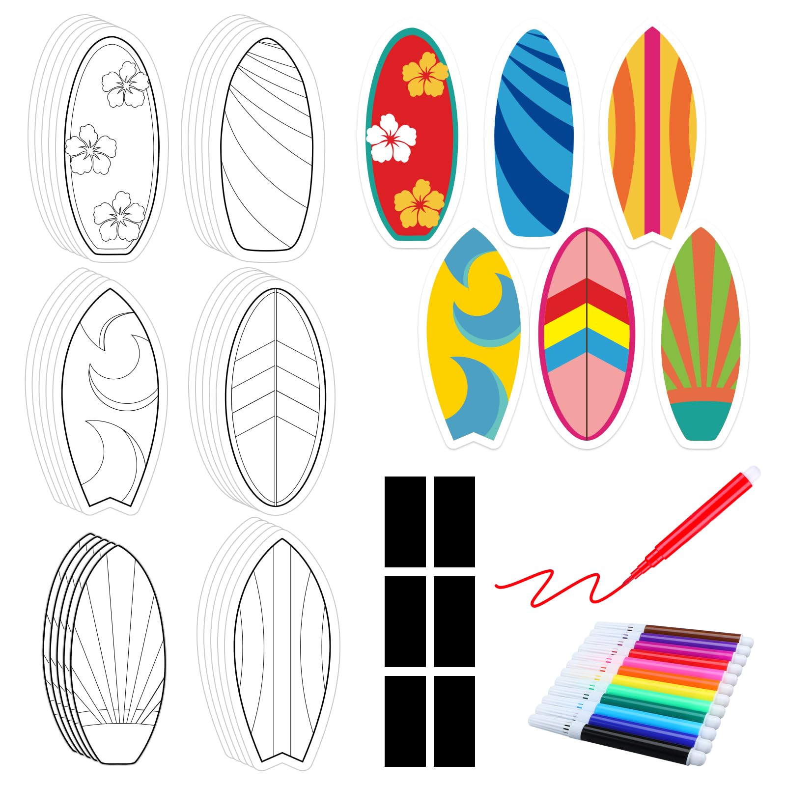 Gemscream 30 Sets Summer Surfboard Crafts for Kids Color Your Own Tropical Magnet DIY Coloring Magnet Surfboard with Watercolor Pen for Summer Gift Art Ornaments Classroom Party Decor