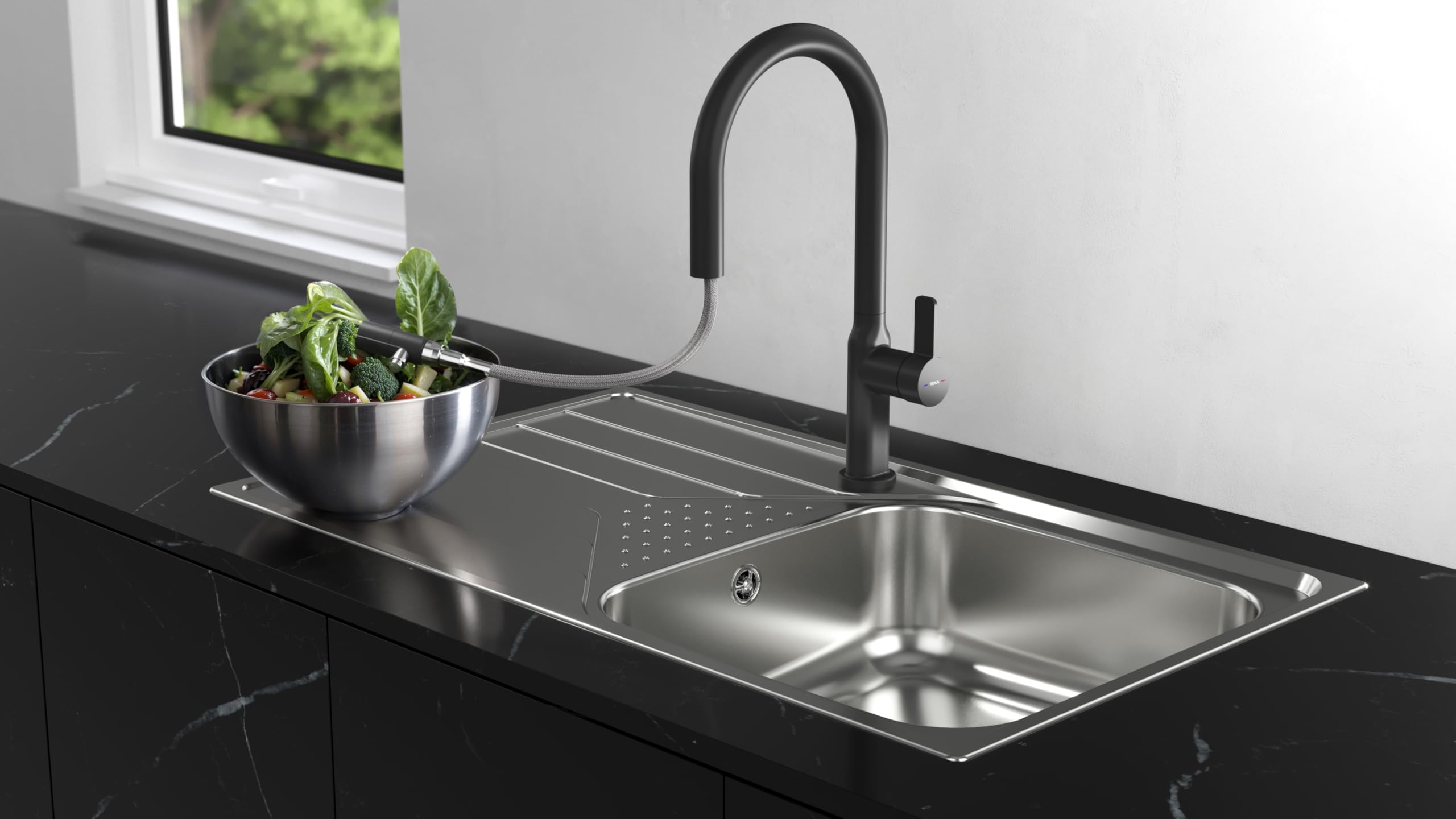 TEKA Grifo Cocina Monomando, Caño Alto Giratorio 360º, Maneral Extraíble 2 Funciones, Aireador Anticalcáreo, Latiguillos Flexibles 3/8”, Modelo OVAL 9382