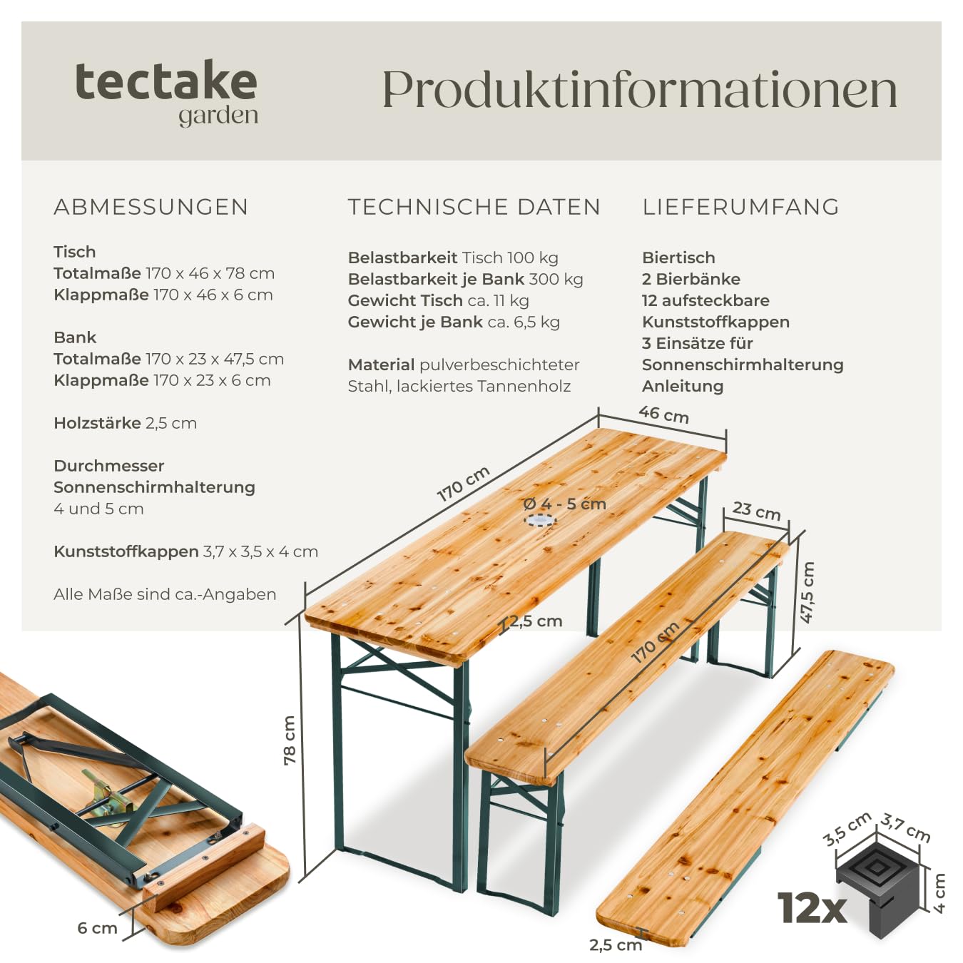 tectake® Bierzeltgarnitur mit Tisch und 2X Bierbank, mit Schirmhalterung und 12 Bodenschoner Bierzeltgarnitur, Balkon Möbel mit 1x Klapptisch und 2X Bierbänke, klappbar, 170 x 46 x 78 cm, lackiert