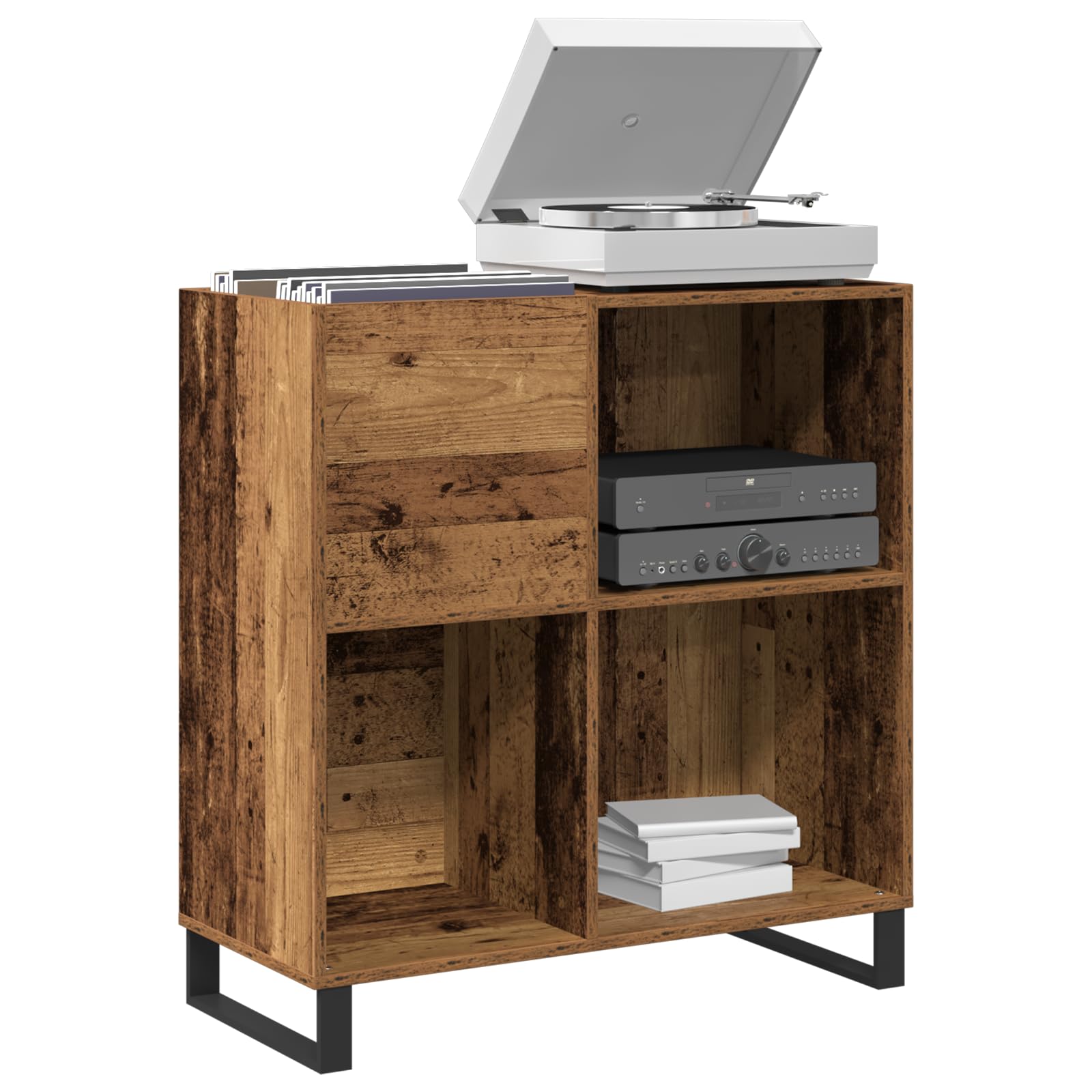 Armario para discos de vinilo con estante de madera de roble Artisan, 84,5 x 38 x 89 cm, 4 estantes, mueble multimedia para salón, vinilo, CD, DVD, alta fidelidad, almacenamiento y orden