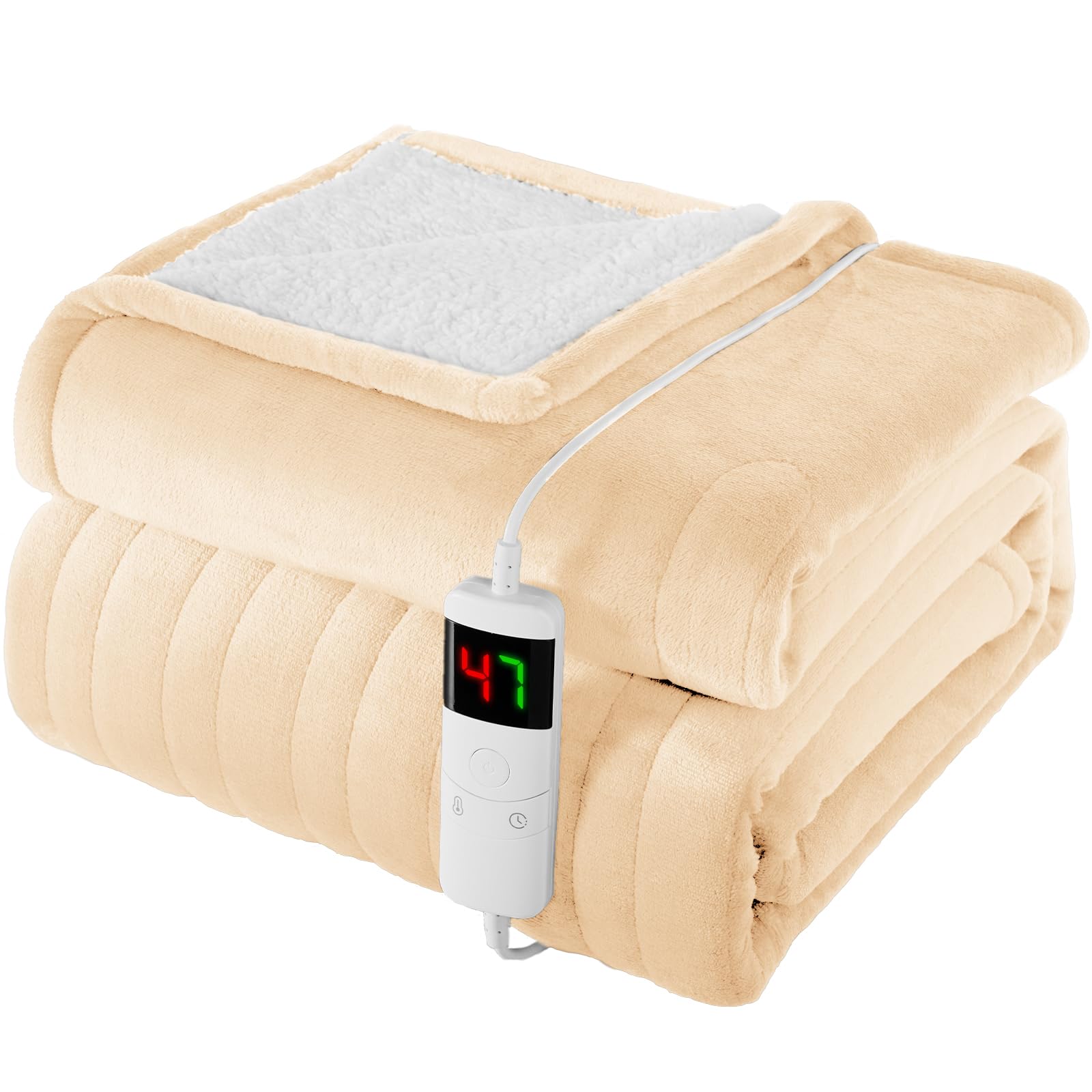 Homemate Heated Blanket Electric Throw - 160x130cm, 1/2/4/6/8 Hours Auto-Off 10 Heat Level Digital Control, Over-Heat Protection Flannel Sherpa Washable Blanket Beige — image 1