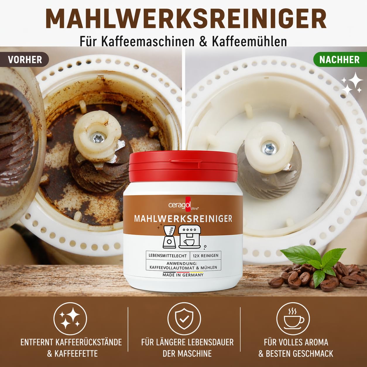 ceragol Mahlwerkreiniger Vollautomat und Kaffemühle, 200g - Reinigungsbohnen Mahlwerk - Kaffeemühlenreiniger - Mahlwerk Reiniger für Kaffeevollautomaten und Mühlen - Grinder Cleaner Kaffeemaschine