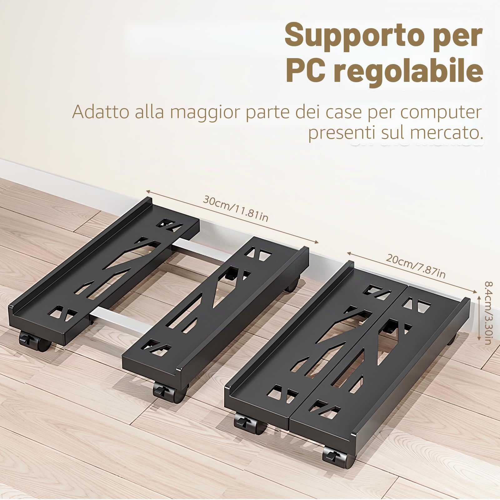 Supporto PC Fisso, Torre Supporto PC con 4 Ruote Bloccabili, Carrello Regolabile(20-30cm) Universale Computer Desktop Tower, sotto Scrivania, Anti-Polvere, Gaming/Ufficio/Casa, Fino a 30kg