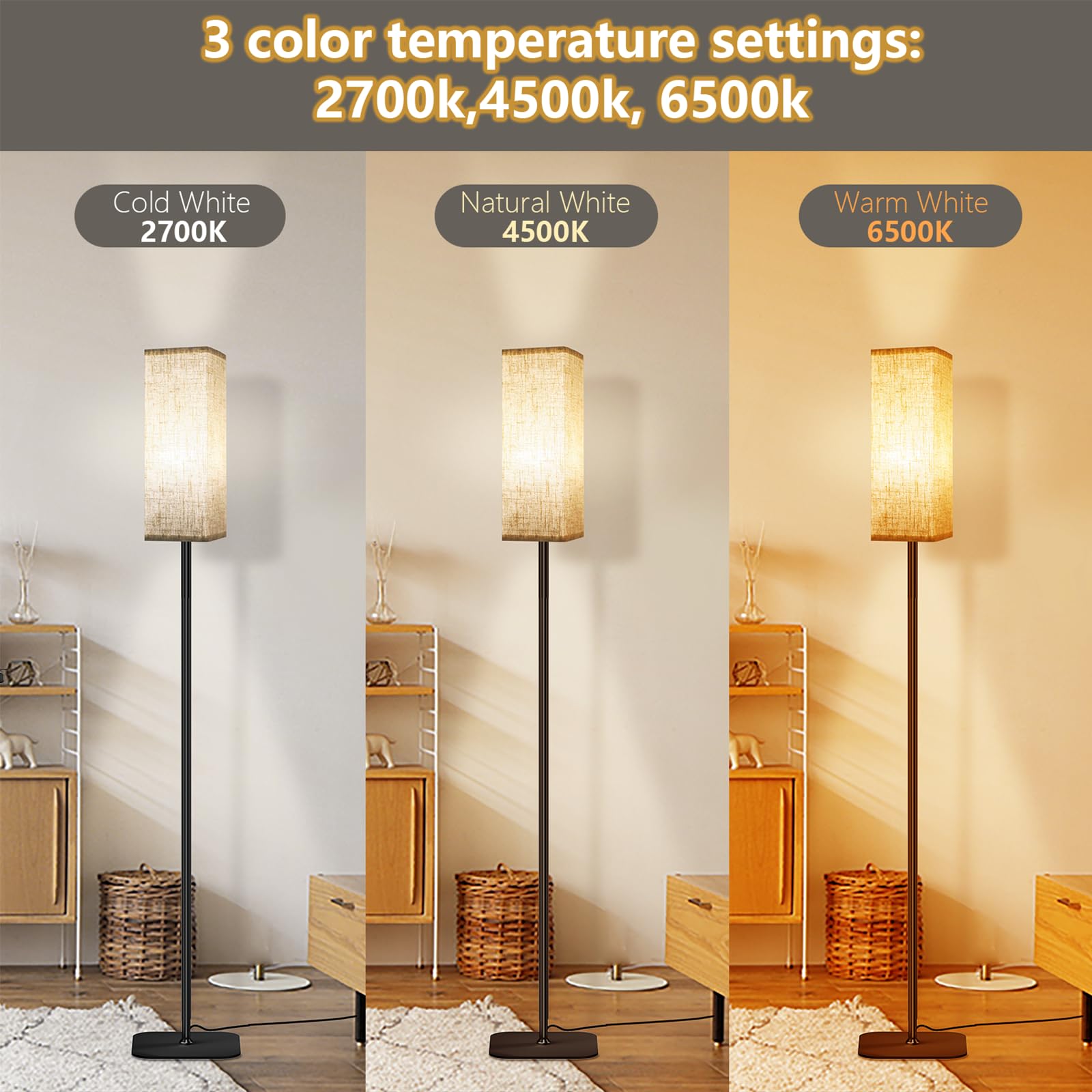 Lampada da Terra, lampade Soggiorno Moderne con 3 Temperature di colore, Lampadina LED, Lampada con Paralume in Lino, Piantana Lampade da Terra per Camera da Letto, Soggiorno, Ufficio, Studio, 170cm