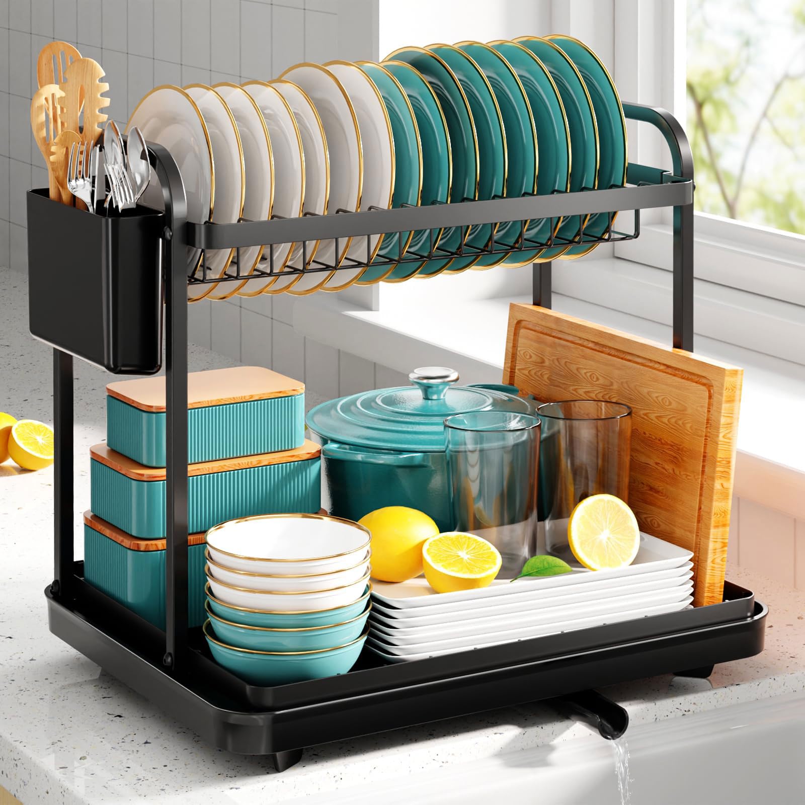 Abtropfgestell Geschirr 2-stufiges Abtropfgestell aus Edelstahl mit Besteckhalter Platzsparender Küchenorganizer Multifunktionaler Geschirrständer für die Küchentheke Schwarz 38*28*38cm