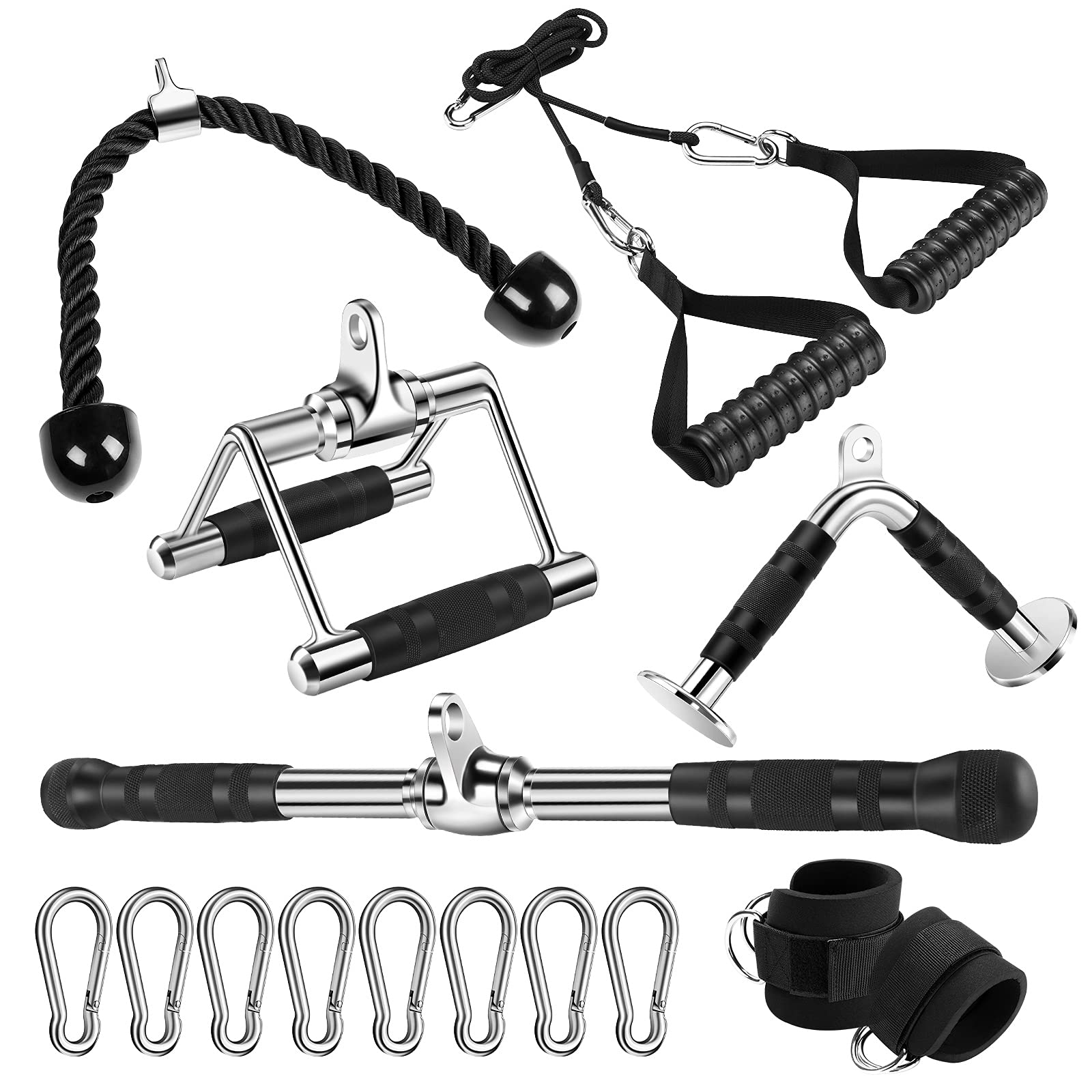 Lat Pulldown Attachments, Cable Attachments for Gym Set, Home Gym Cable Mahcine Accessories Tricep Rope, V Pull Down Bar, V Handle, Straight Bar, Double D Handles, Exercise Handles, Ankle Straps