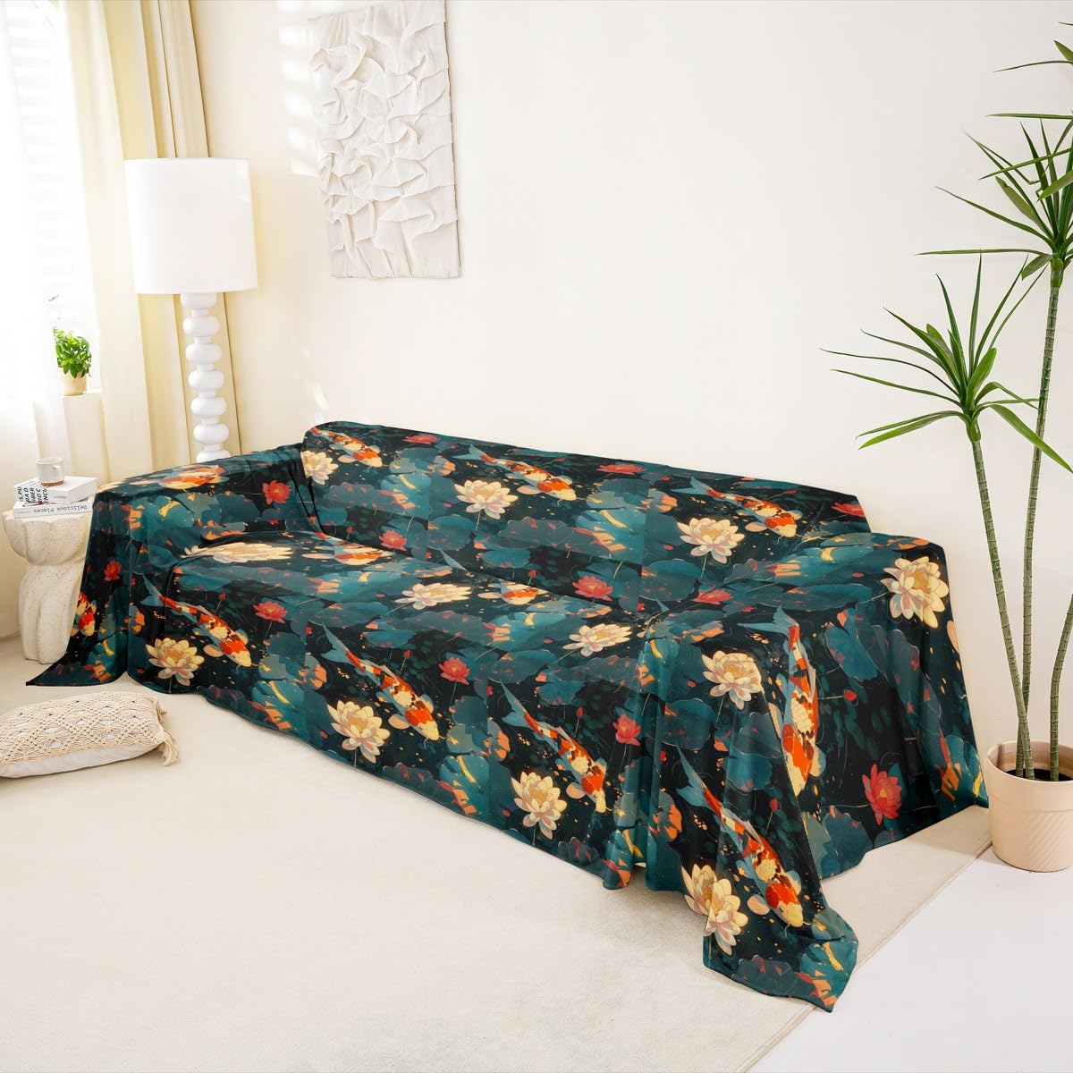 Homewish Uroczy pokrowiec na kanapę z rybą koi lilie wodne pokrowiec na sofę japońskie zwierzę kanapa ochraniacz liście lotosu ochraniacz na sofę, 180 x 300