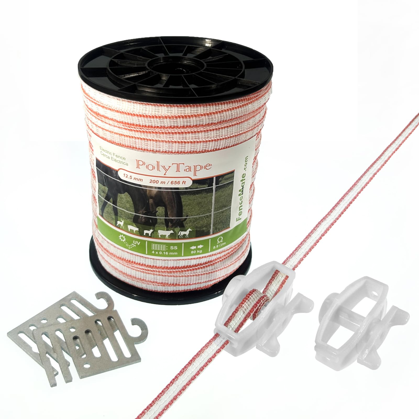 Poly Tape Pack for Easy Fence Set-up, Spool 656 ft., 12.5 mm Wide, 4 Strands SS Wires for Electric Equine Fence, Temporary Pasture, Rotational Grazing, UV Stabilized, Durable with 2 Year Warranty