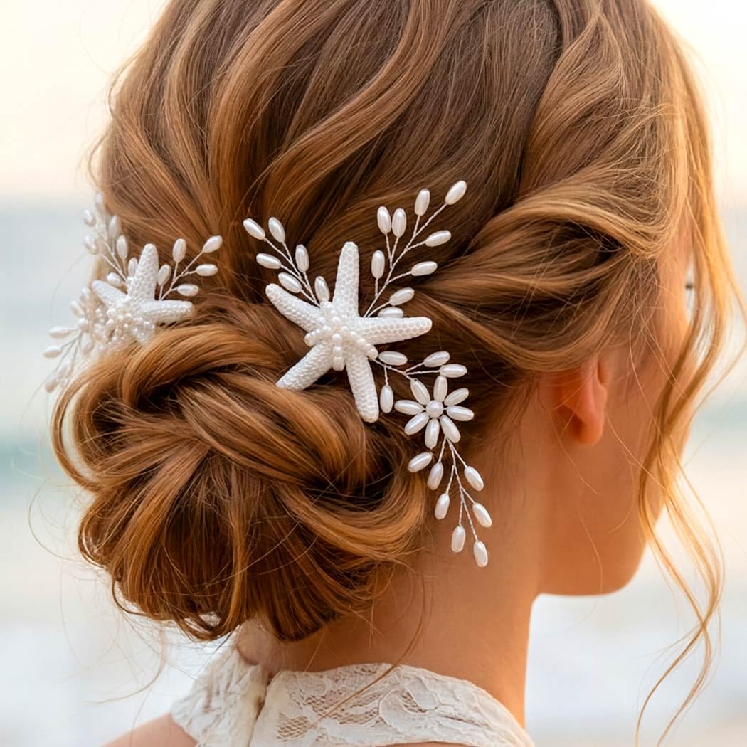 Brishow Bridal Beach Hair Pins for Women Starfish Faux Pearl Pins Mermaid Wedding Hair Accessories Silver U Shaped Pins for Bride Prom (2 PCS)