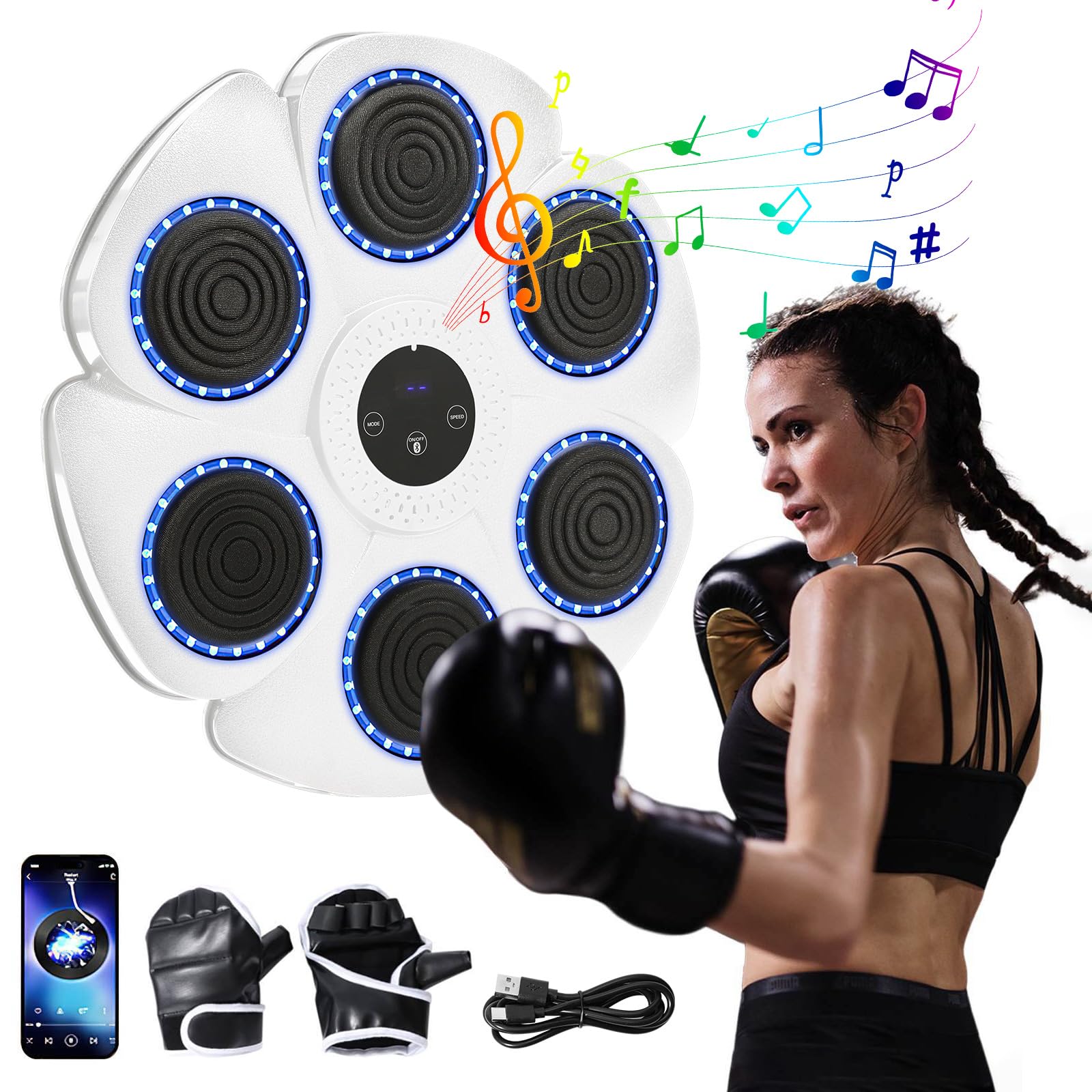 Musikboxmaschine, 9 Geschwindigkeitsmodi, Musikbox-Maschine mit Boxhandschuhen, Smart Bluetooth Music Boxer, elektronisch, LED-Wandbox, für Erwachsene und Kinder, für Fitnessstudio und Zuhause