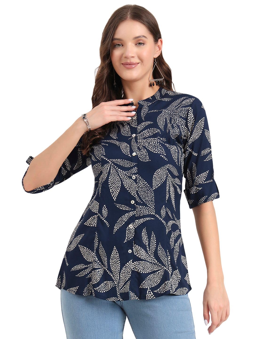 Divena Navy Blue Rayon Rollup Sleeves A-Line Top(DBK1432-P)-picture-10