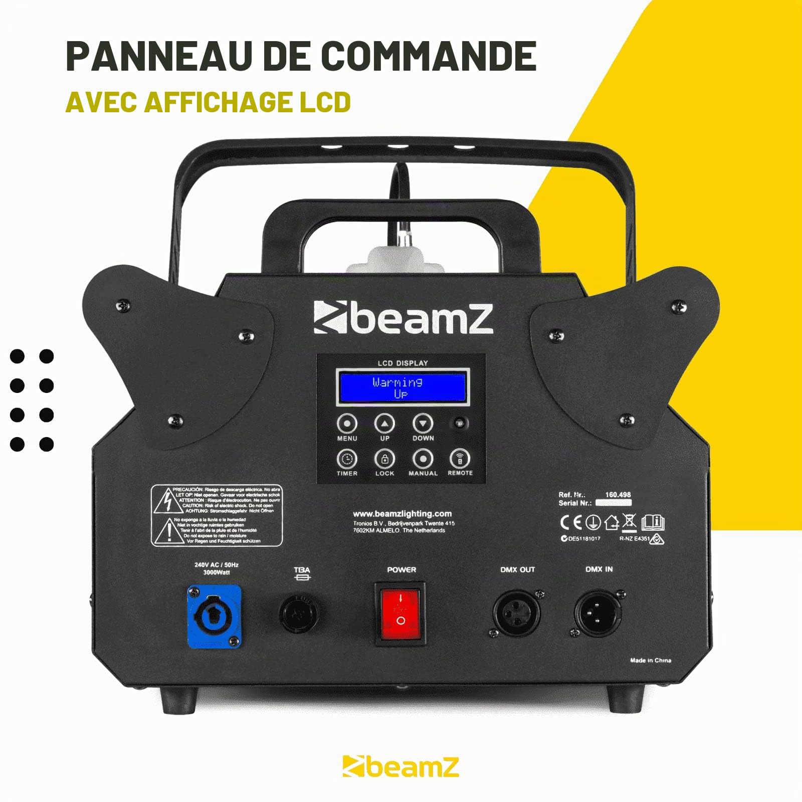 BeamZ S3500 Machine à Fumée Professionnelle DMX 3500W, Écran de Contrôle Affichage LCD, Télécommande sans Fil, 1200 m³ de Débit par Minute, Réservoir 5 L, Idéal pour Grandes Salles