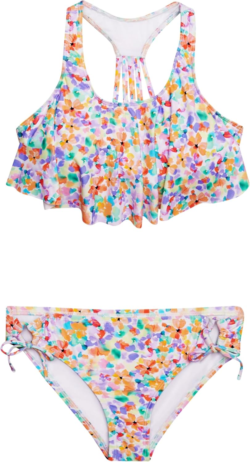 Hobie Girls' Flounce Bralette and Side Tie Hipster Bottom Swimsuit Set