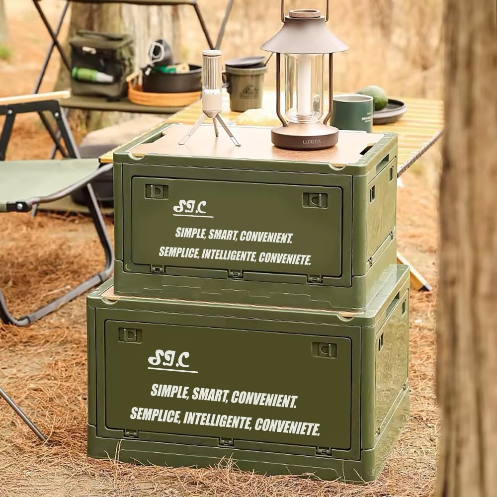 S.I.C Faltbare Aufbewahrungsbox mit Holzdeckel, Klapptisch, Campingtisch, Aufbewahrungsbox, für Schrank, Haus, Auto, Reisen, Camping, Picknick, 2 x 51 l, dunkelgrün