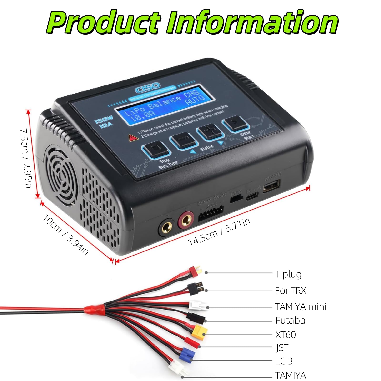 Ładowarka C150 150 W 10 A, inteligentna, rozładowująca, ładowarka RC do akumulatorów LiPo Li-ion LiFe LiHV NiMH NiCd PB, ze sterowaniem za pomocą ekranu LCD, wieloma interfejsami i portem USB